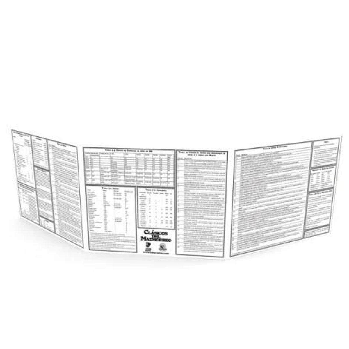 Una pantalla de director de juego blanca y abierta llena de tablas y texto sobre fondo blanco.