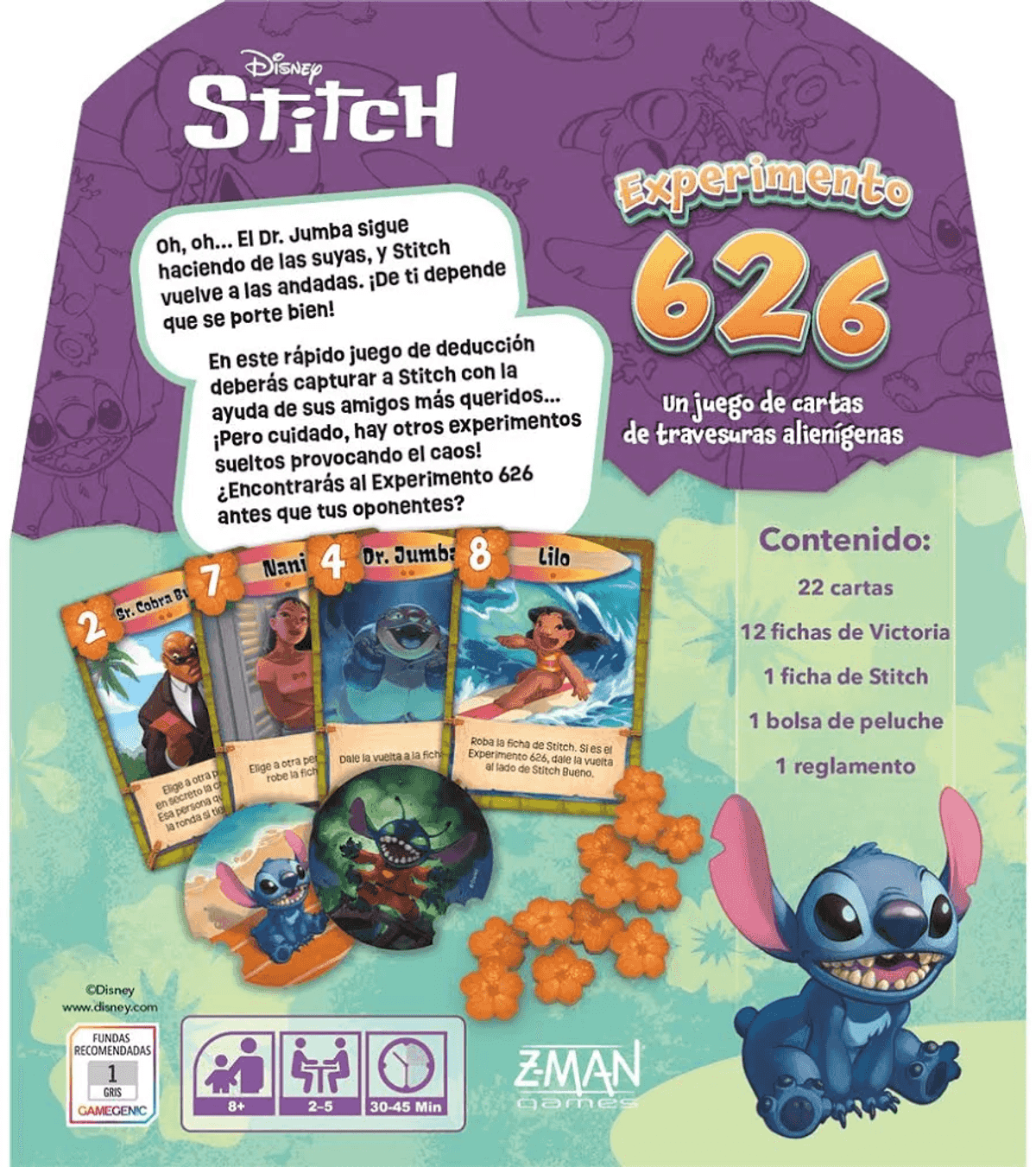 Caja del juego de cartas Disney Stitch Experimento 626 con cartas de personajes, fichas e información.