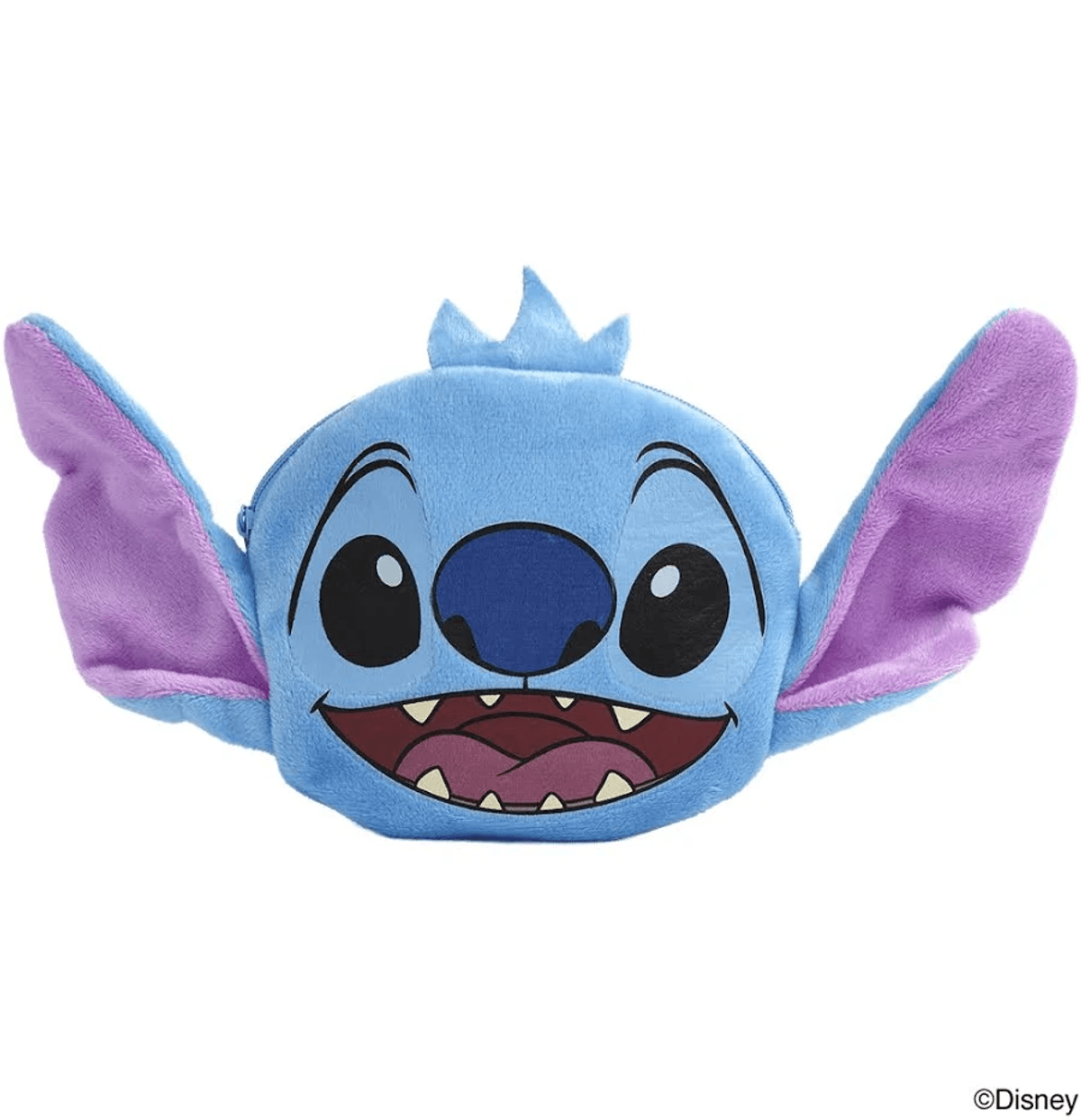 Un estuche de peluche azul del personaje Stitch de Disney con orejas grandes, amplia sonrisa y dientes sobre fondo blanco.