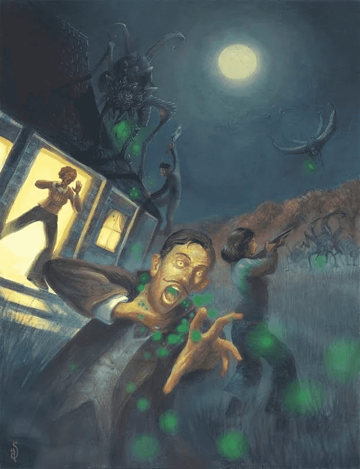 Un hombre y una mujer luchan contra alienígenas verdes brillantes bajo la luna llena cerca de una casa.