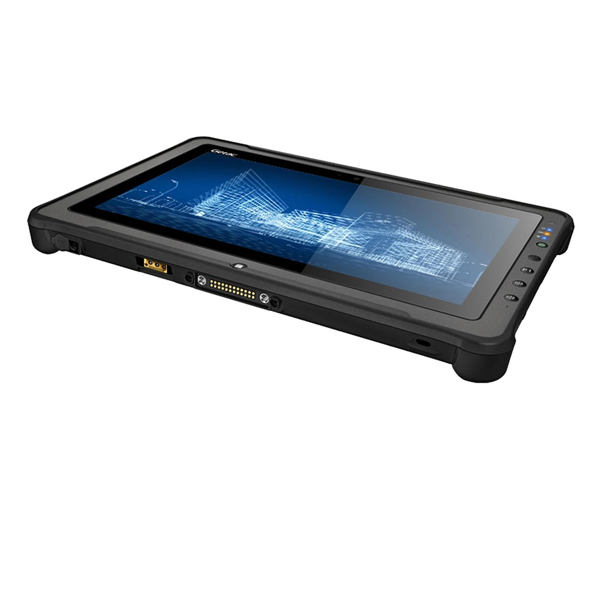 Ein robuster schwarzer Tablet-PC mit einem blauen CAD-Design auf dem Bildschirm.