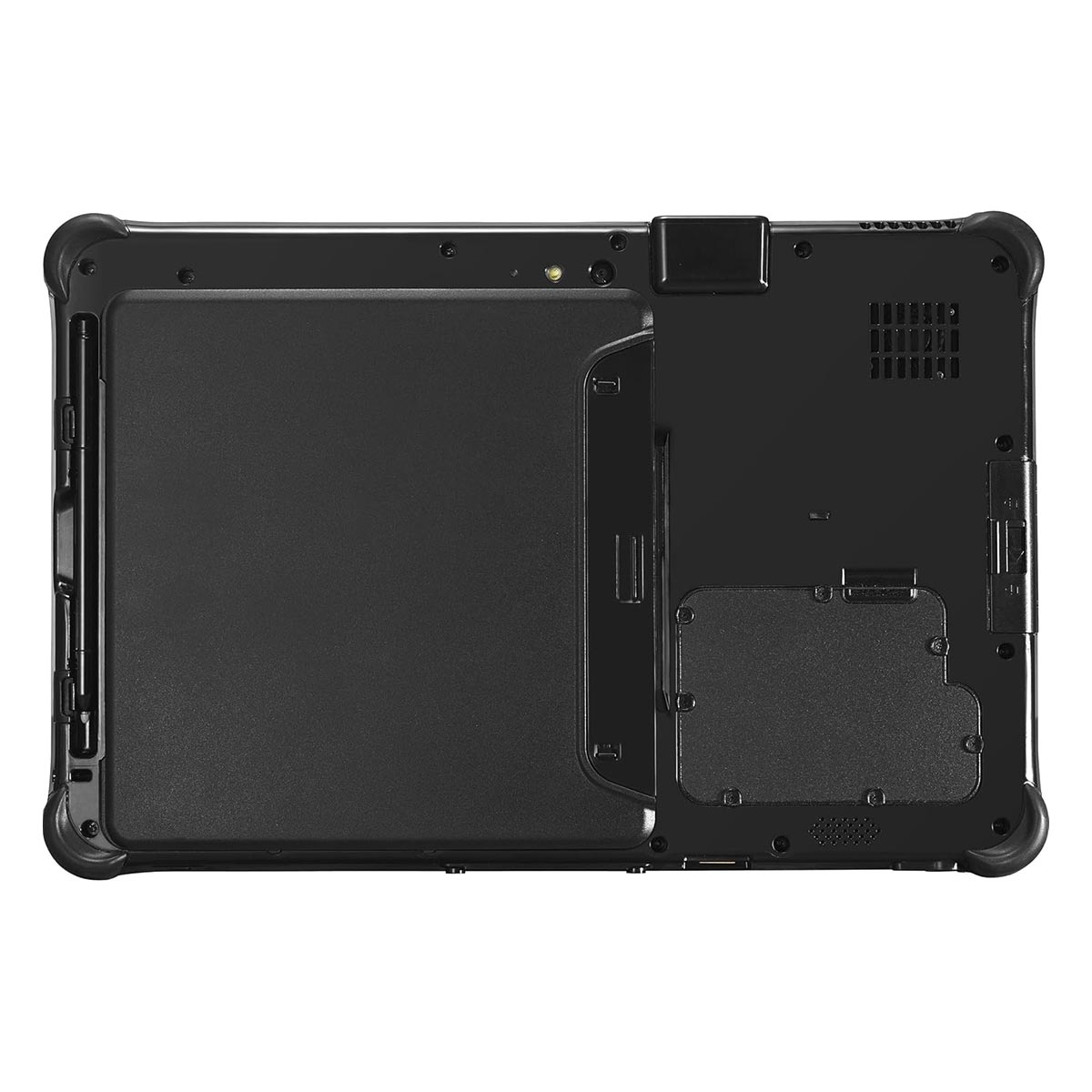 Rückseite eines schwarzen Rugged-Tablets mit abgedecktem Akku und Kamera.