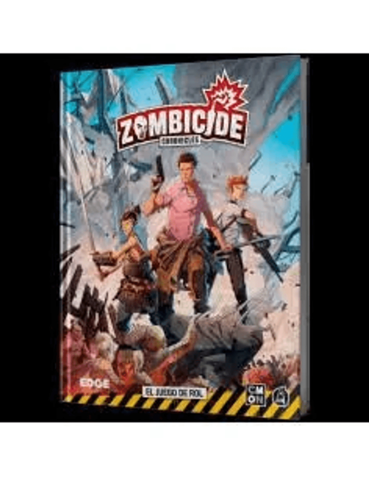 Portada del juego de rol Zombicide con tres supervivientes luchando contra zombis.