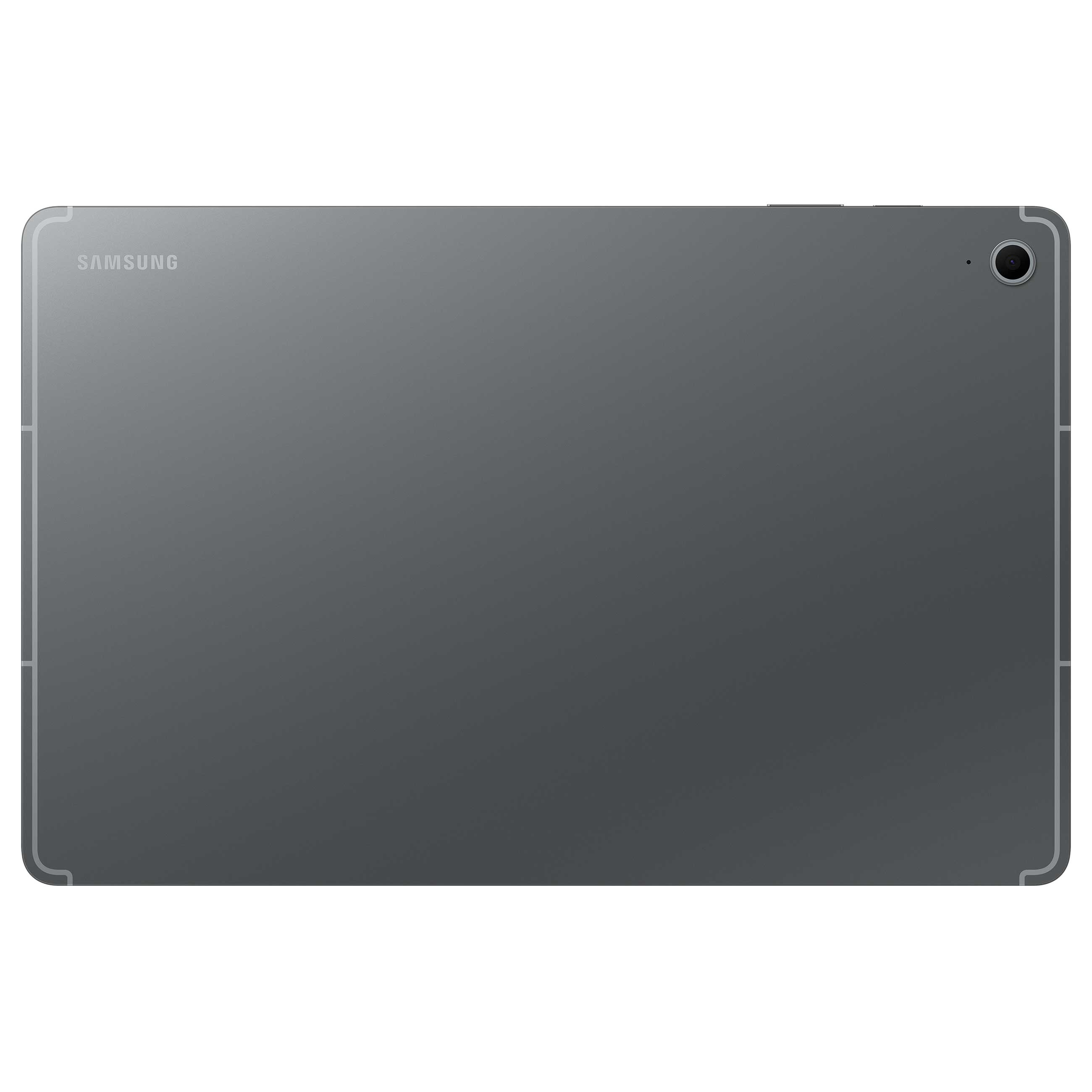 Tył szarego tabletu Samsung z aparatem w prawym górnym rogu.