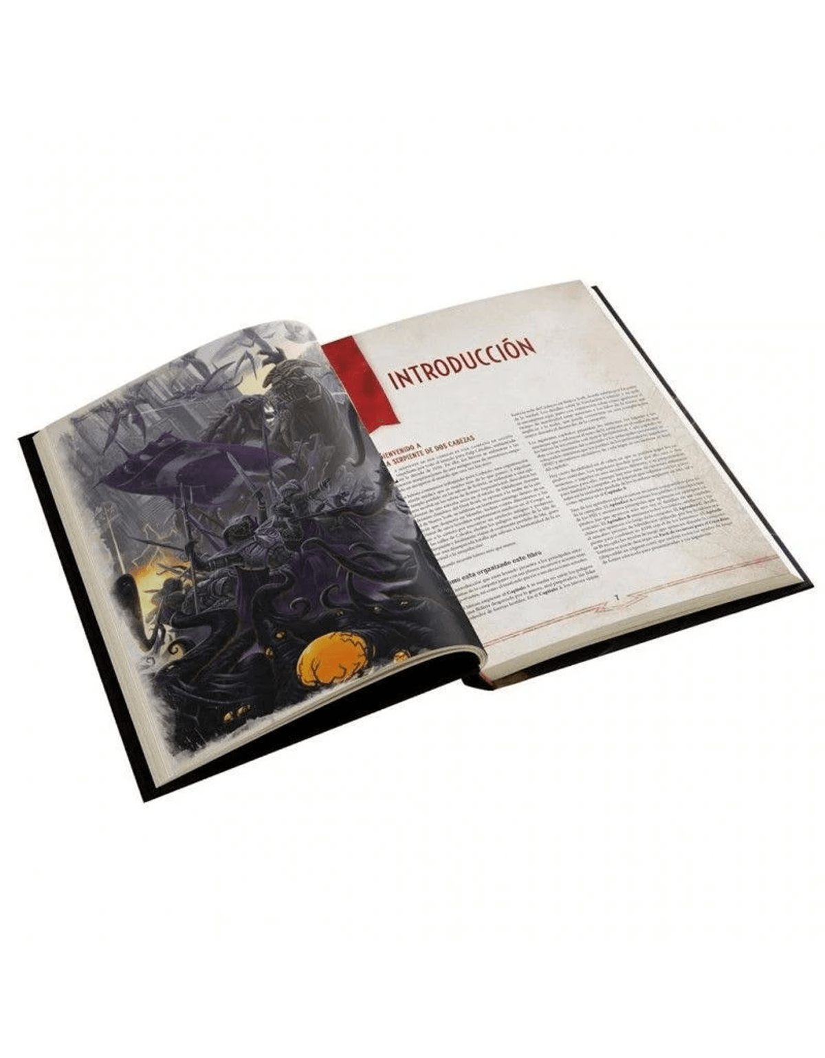 Un libro abierto con una ilustración de fantasía oscura a la izquierda y texto en español con títulos rojos a la derecha.