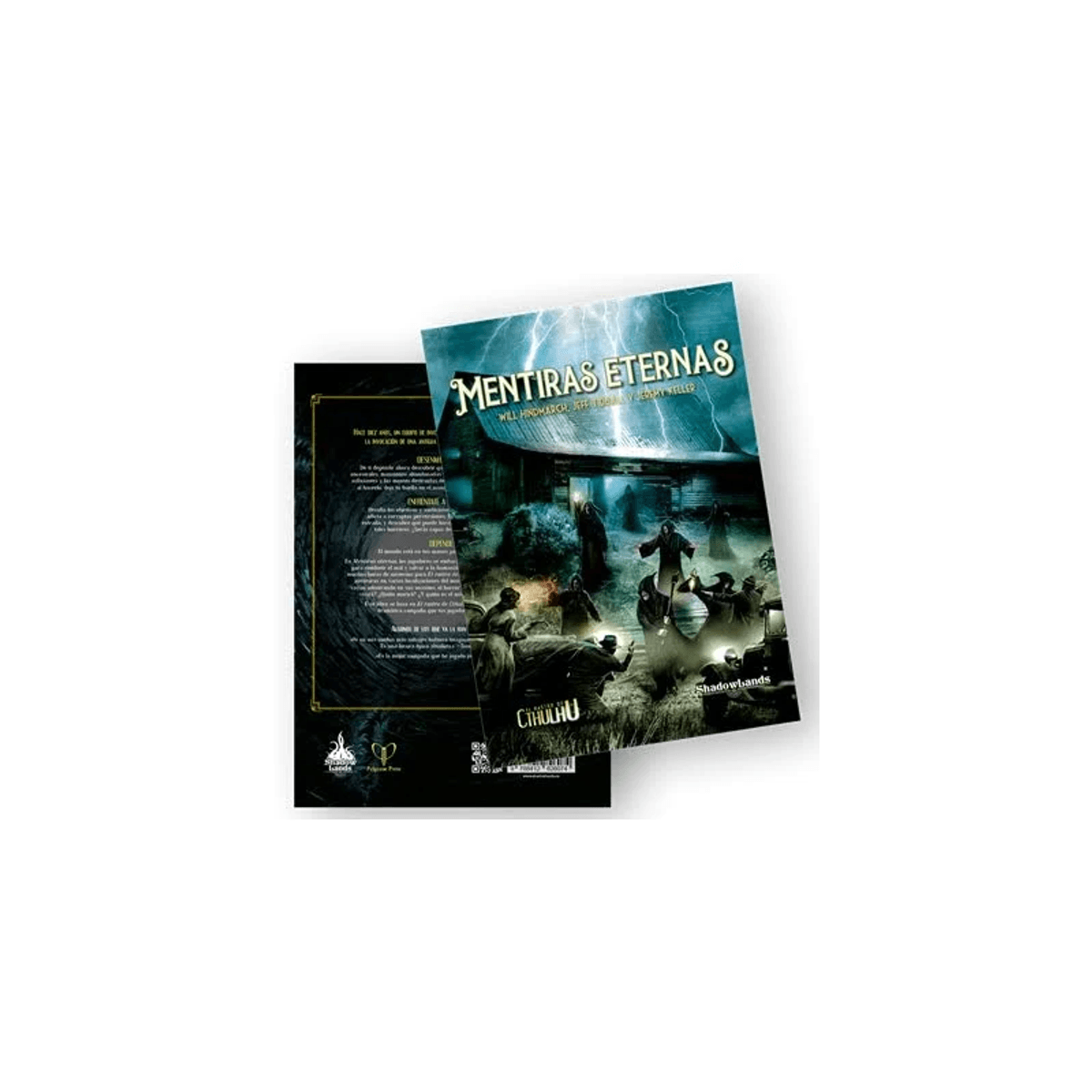 Portada de libro de rol titulada Mentiras Eternas, muestra figuras tenebrosas en una tormenta ante un granero.