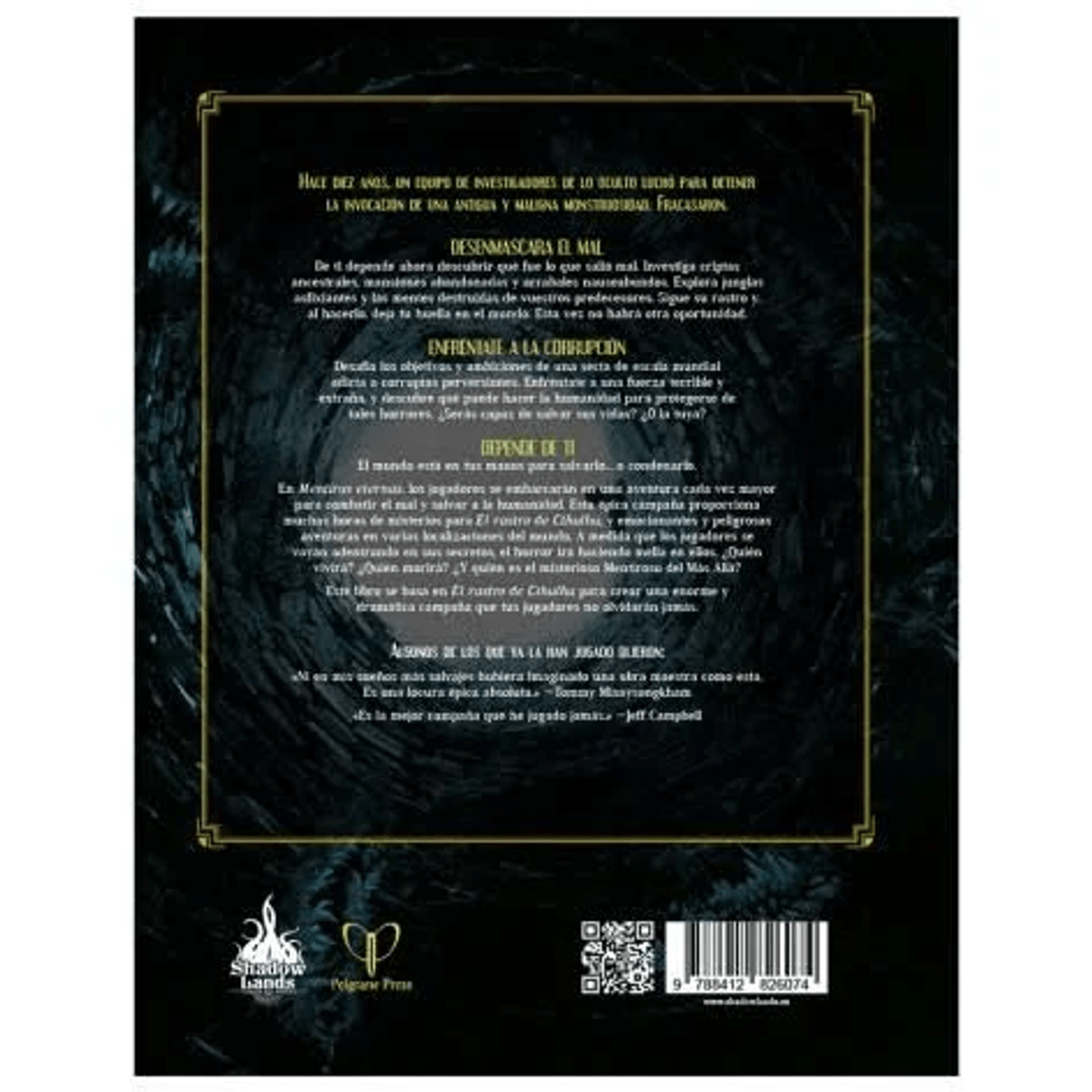 Contraportada de manual oscuro con texto en español, código QR y código de barras sobre un abismo en espiral.