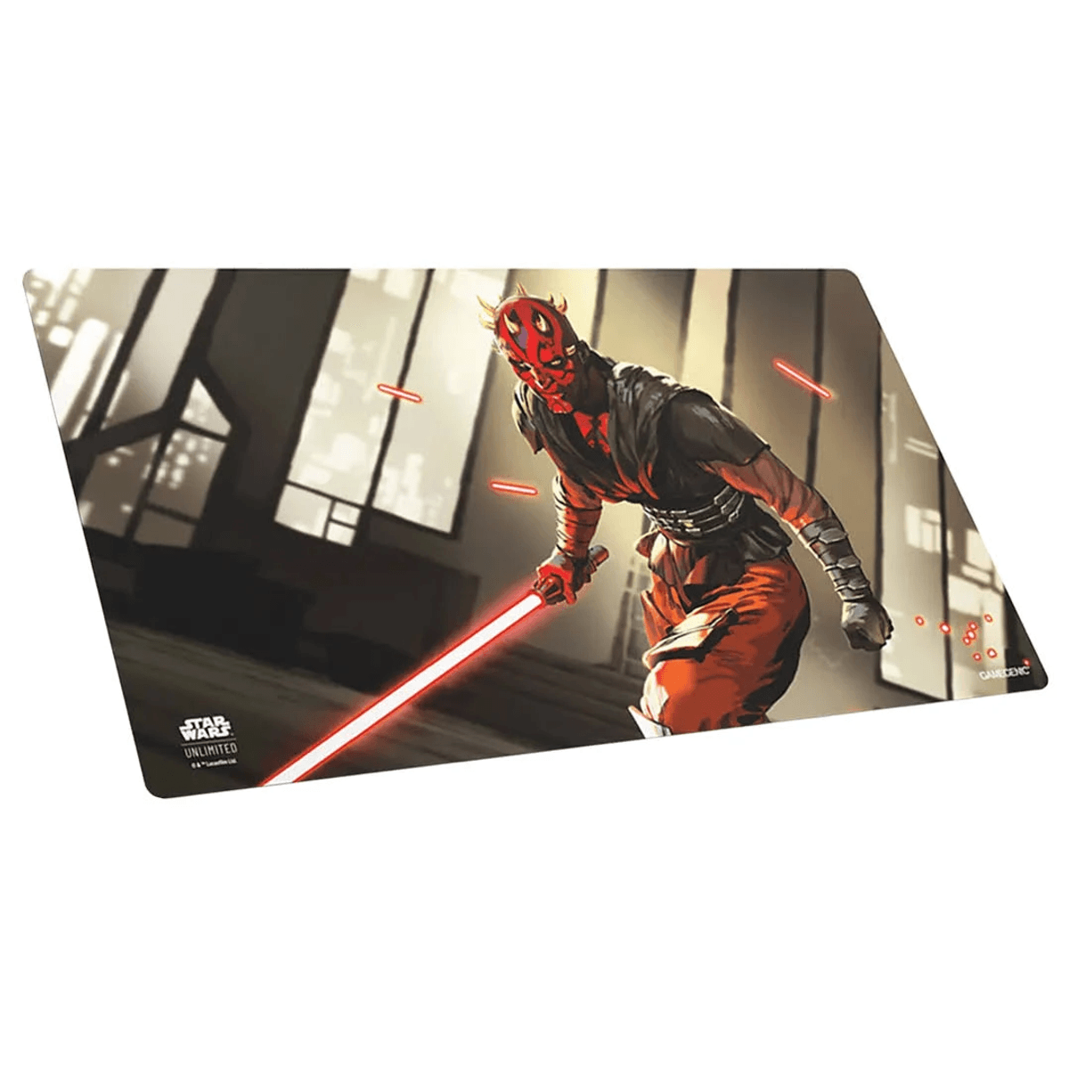 Tapete Star Wars Unlimited con Darth Maul con túnica roja y negra empuñando un sable de luz rojo.