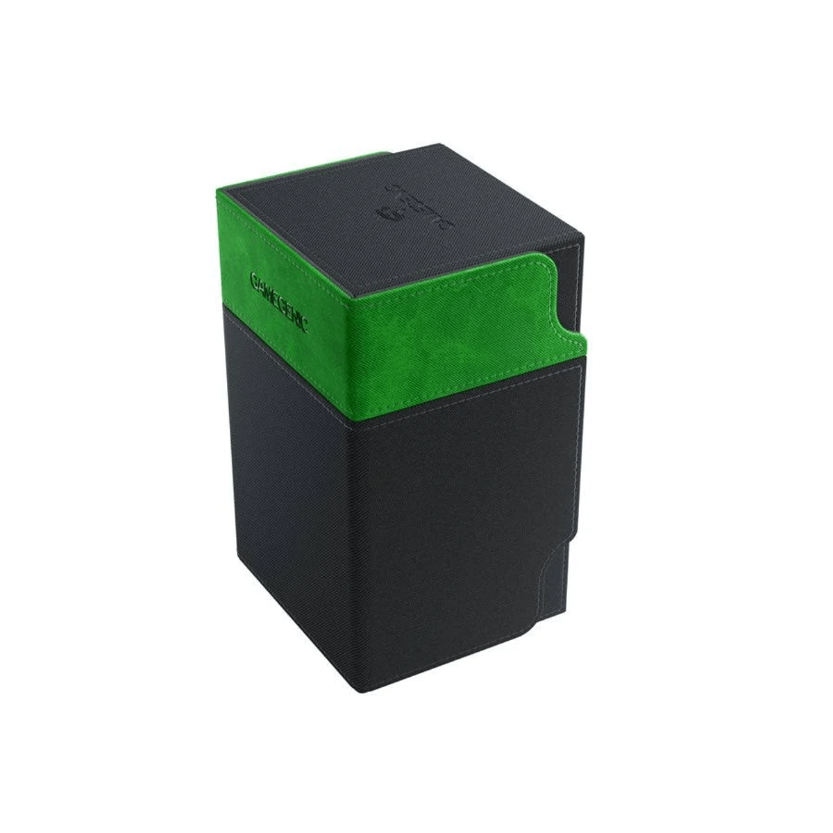Una caja de baraja negra y verde para juegos de cartas, con superficie texturizada y detalles verdes.