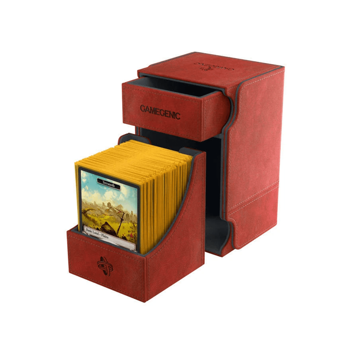 Caja roja Gamegenic con bandeja de cartas abierta y fundas amarillas.