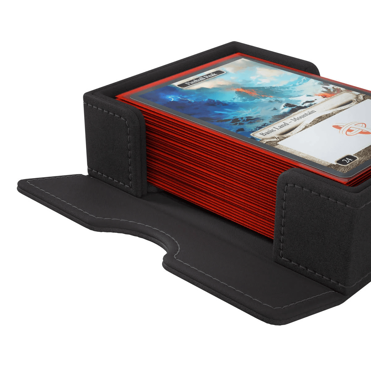 Una caja de cubierta de cuero negro sostiene una baraja de cartas con fundas rojas y arte de un paisaje montañoso.