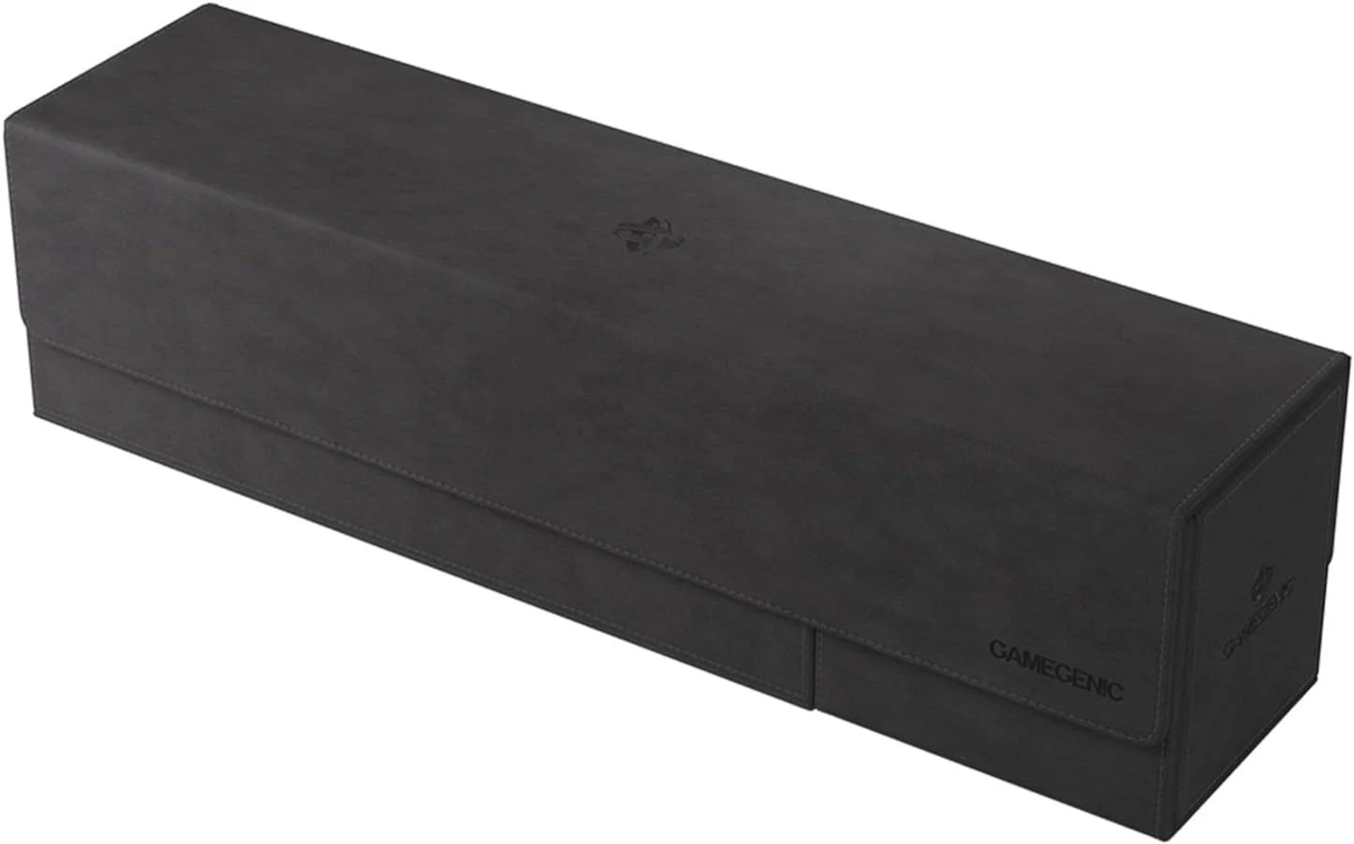 Una caja larga de cuero gris para cartas Gamegenic con logotipo.