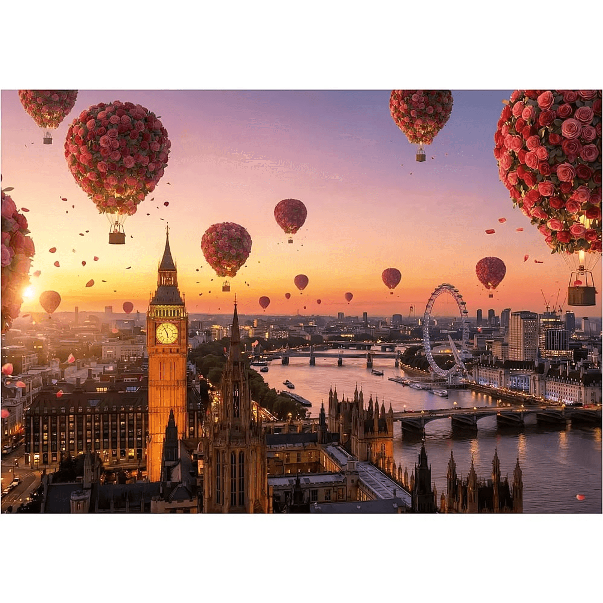 Horizonte de Londres al atardecer con el Big Ben y globos aerostáticos cubiertos de rosas.