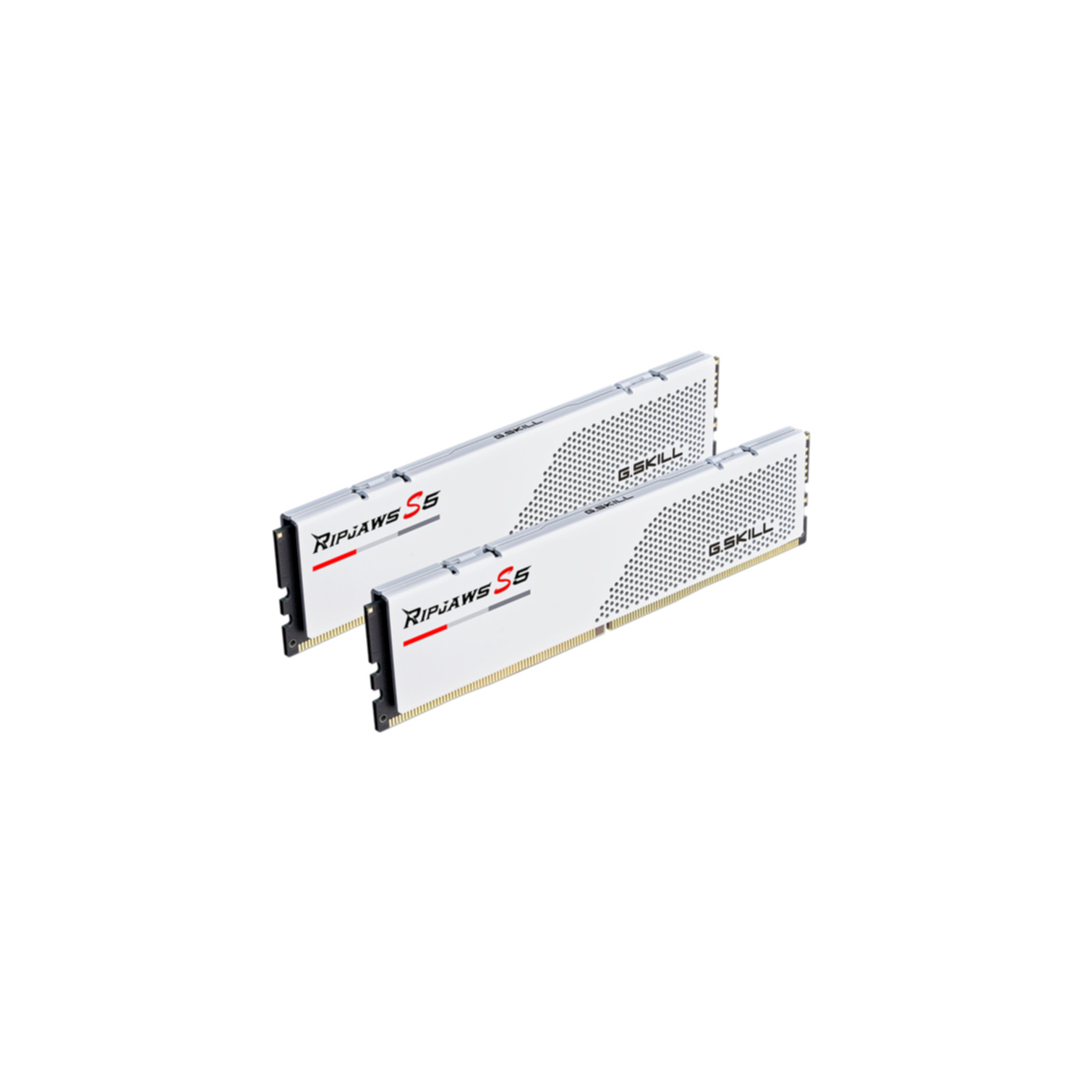 Zwei weiße G.SKILL Ripjaws S5 DDR5 RAM-Sticks mit perforiertem Design auf weißem Hintergrund.