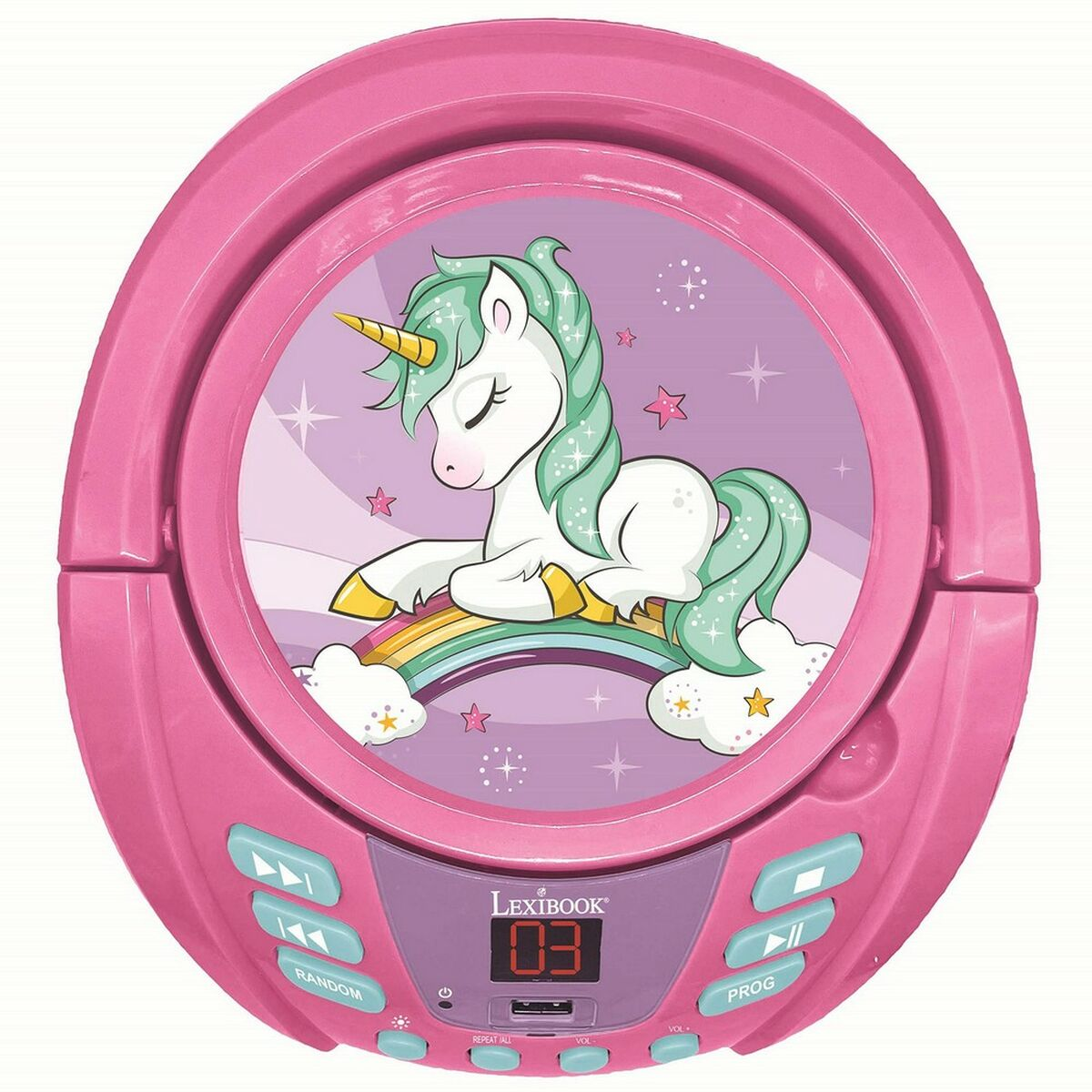 Rosa CD-Player mit Einhorn-Design, digitalen Display und blauen Tasten auf weißem Hintergrund.
