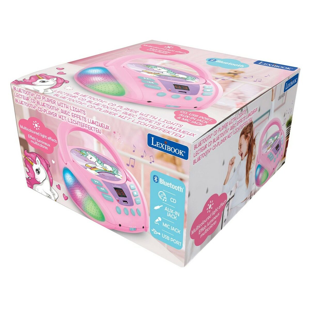 Rosa Einhorn Bluetooth-CD-Player in bunter Verpackung mit Lichtern und Mikrofonanschluss.