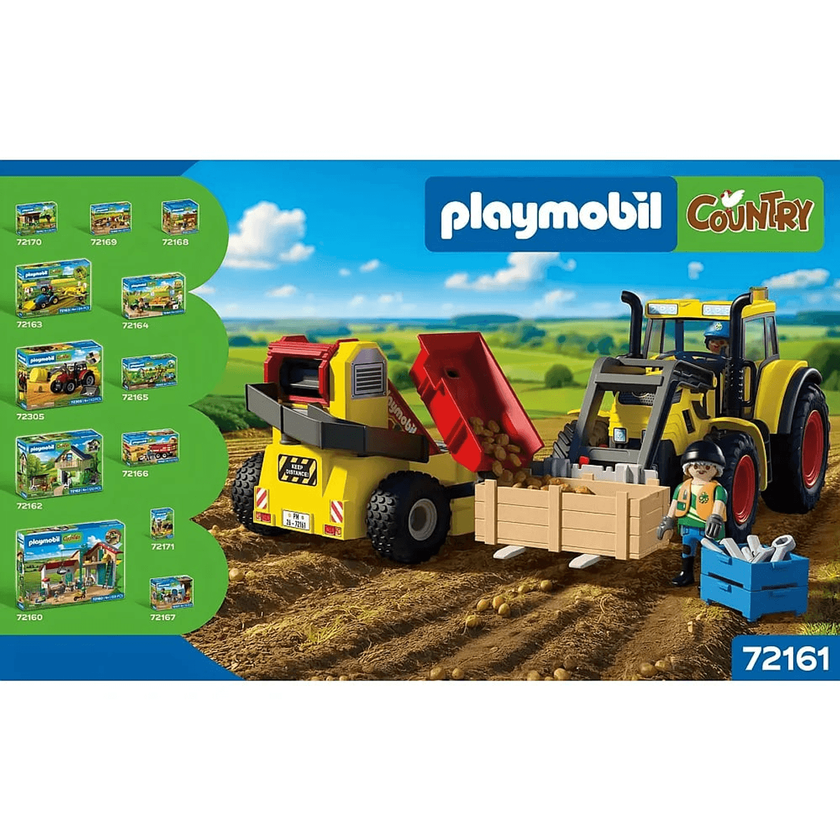 Set de juego Playmobil Country con tractor amarillo, remolque, cosechadora de patatas, granjero y accesorios.