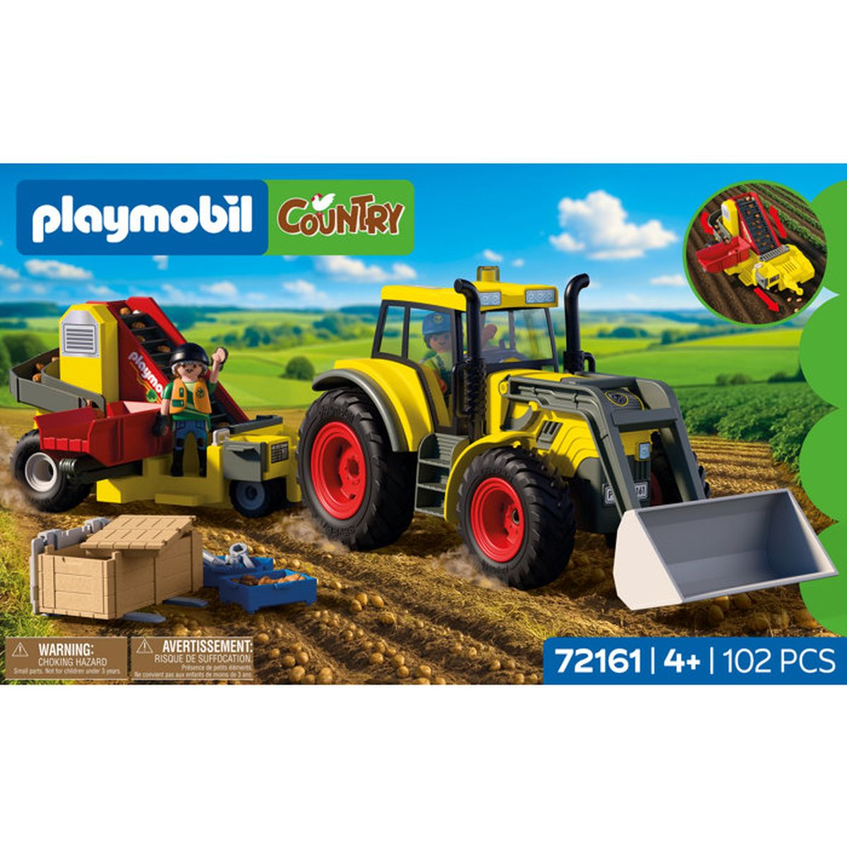 Tractor Playmobil Country con cosechadora de patatas en un paisaje verde con campos.