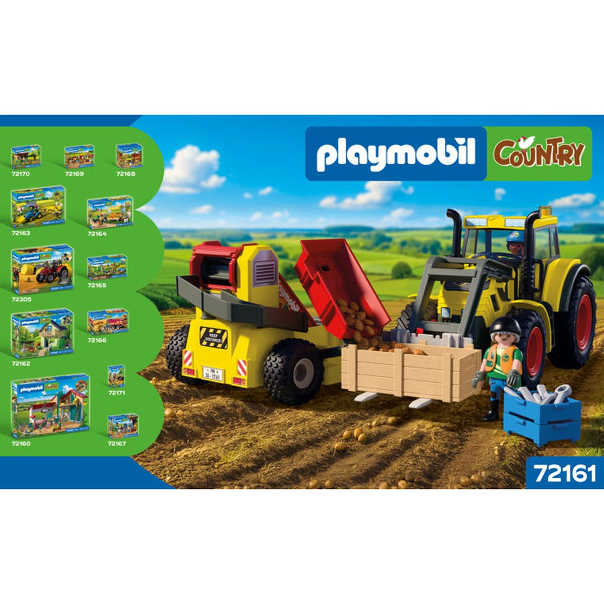 Set Playmobil Country 72161 muestra un tractor amarillo, cosechadora y figura recolectando patatas en el campo.