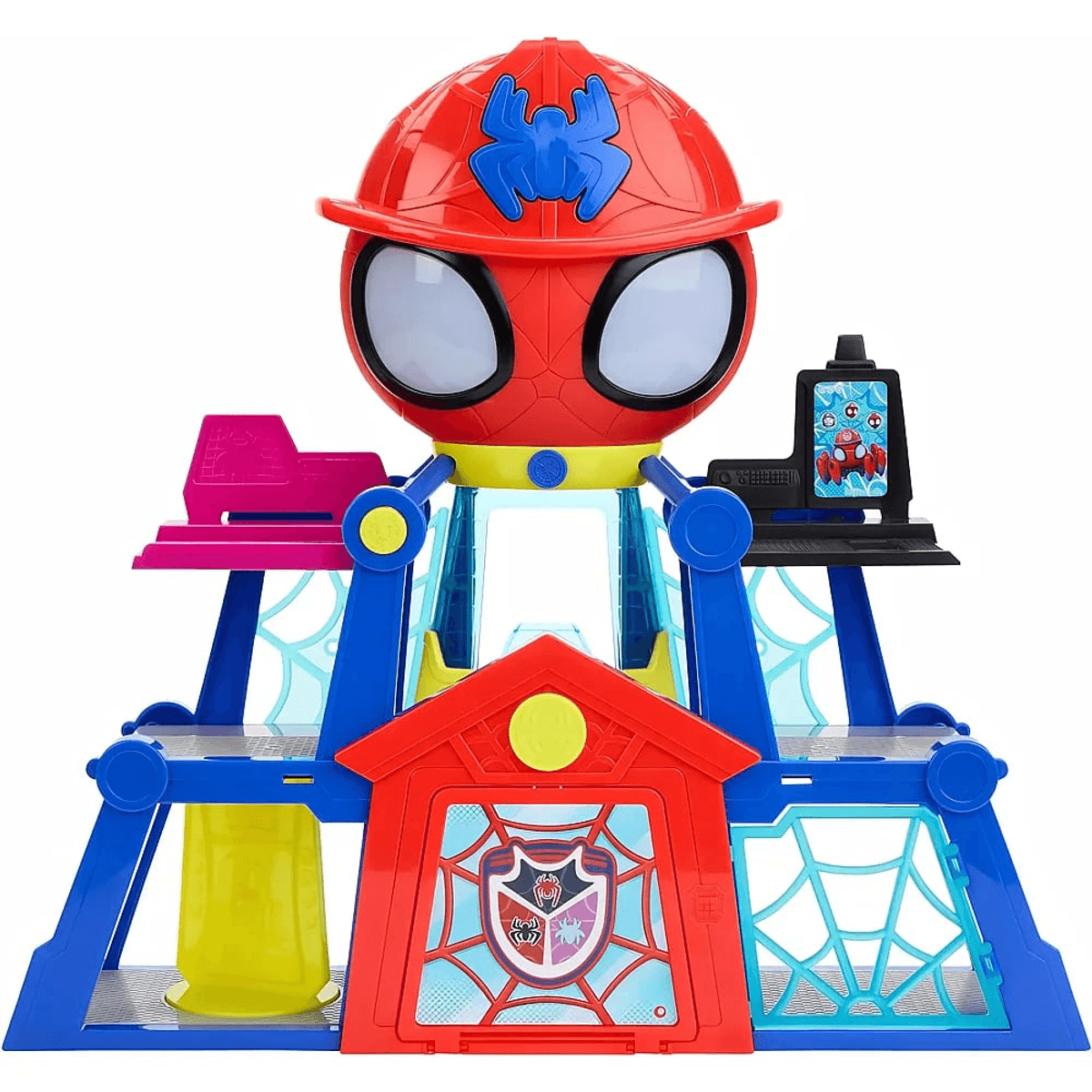 Colorido juego de Spider-Man con cúpula de cuartel general, estructura roja y azul, pantallas y telarañas.