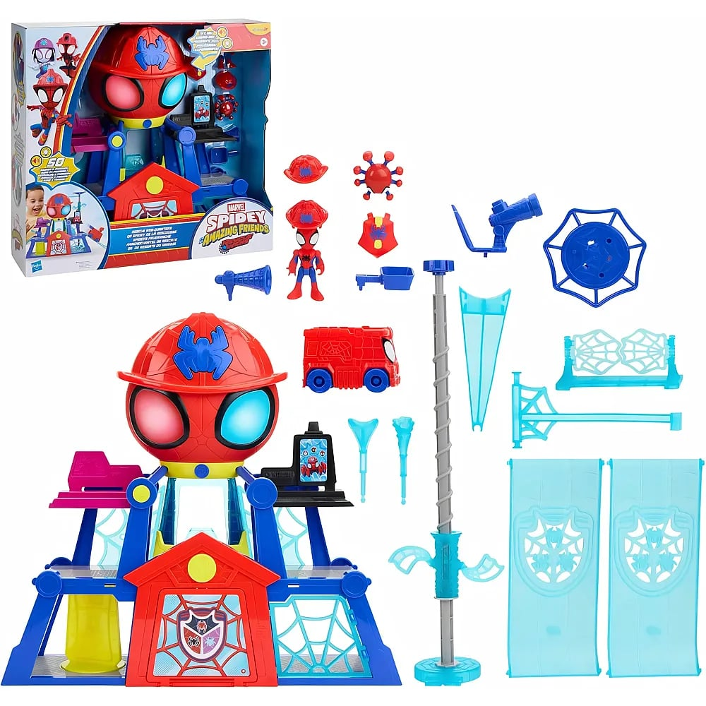 Juego de Spidey y sus sorprendentes amigos con figuras y accesorios sobre fondo blanco.
