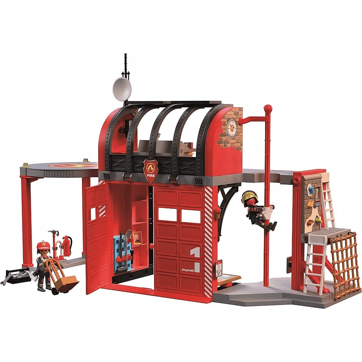 Estación de bomberos de Playmobil con helipuerto, barra de bomberos y dos figuras.