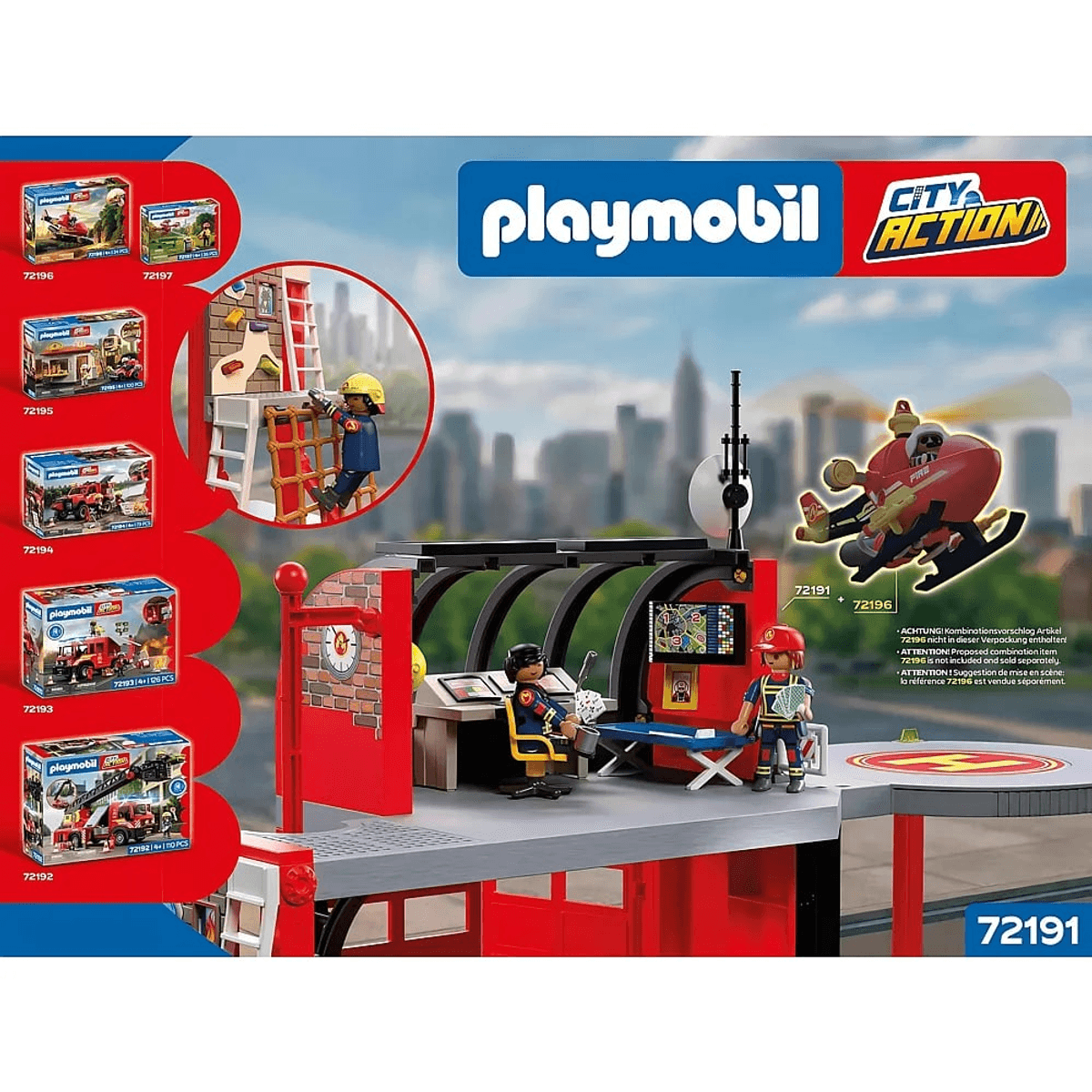 Juego de bomberos Playmobil City Action con figuras, helicóptero y equipo frente a un horizonte urbano.