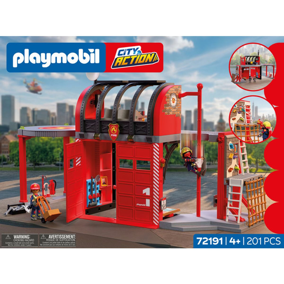 Set de bomberos Playmobil City Action con edificio rojo, figuras y accesorios sobre fondo de ciudad.