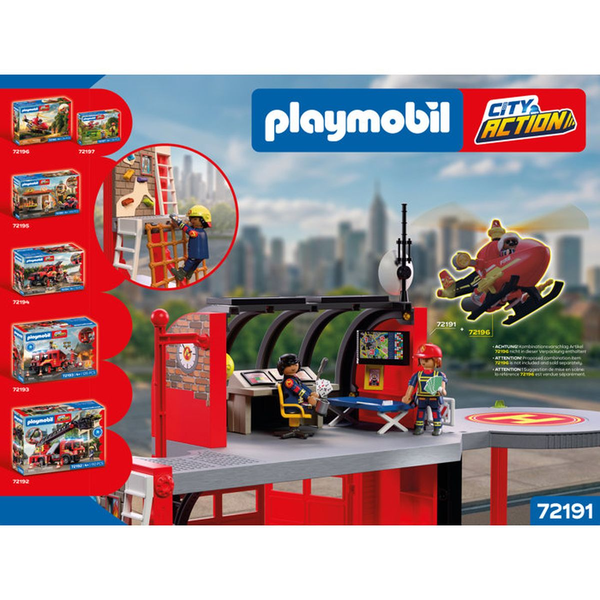 Set de bomberos Playmobil City Action con helicóptero y estación ante un horizonte urbano.