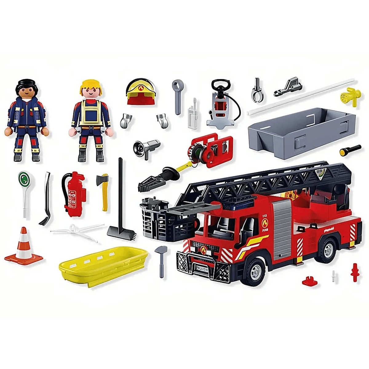 Set de bomberos Playmobil con dos figuras, camión de bomberos rojo, herramientas y accesorios sobre fondo blanco.