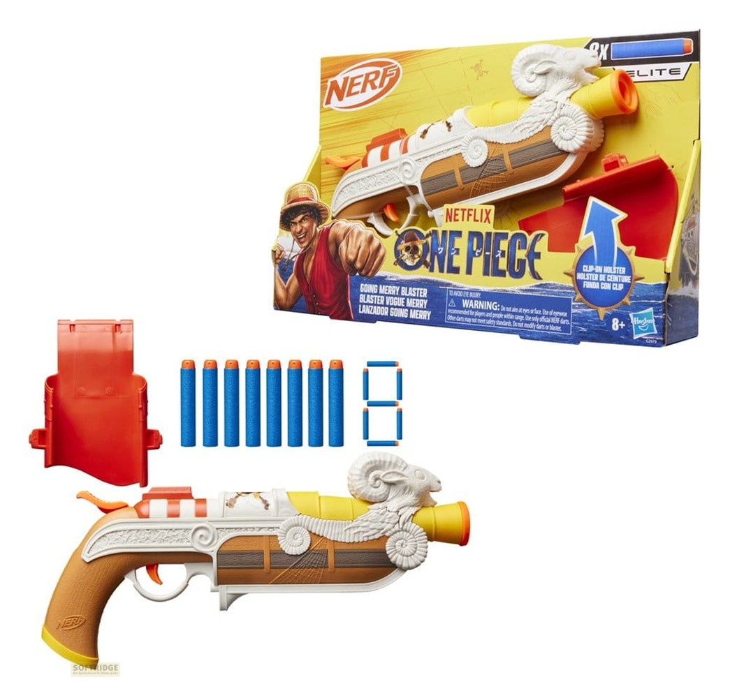 Lanzador Nerf One Piece Going Merry con funda y dardos de espuma azules, mostrado con su caja.