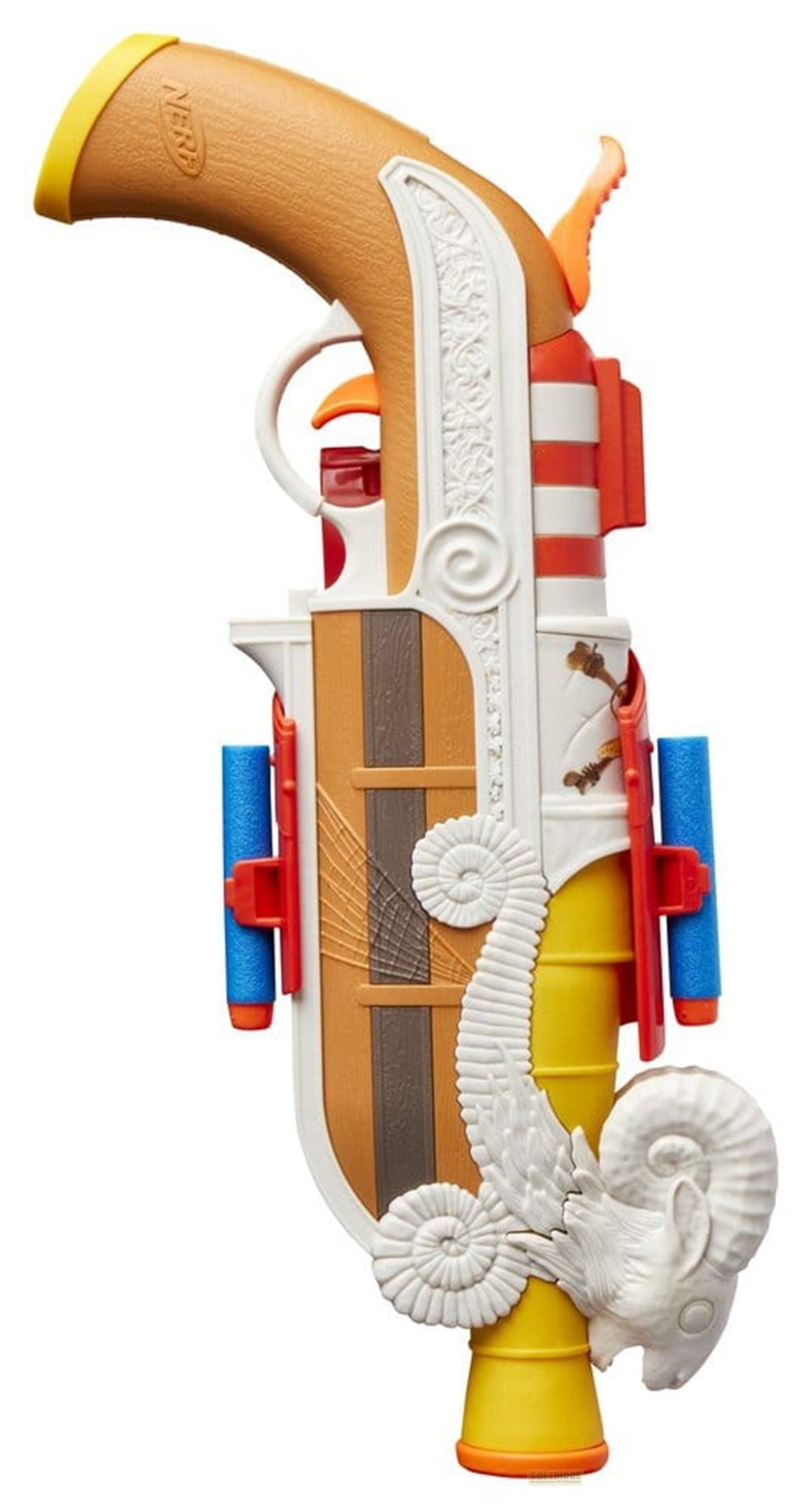 Una pistola de juguete Nerf decorativa en blanco, marrón y amarillo con adornos de cabeza de carnero.