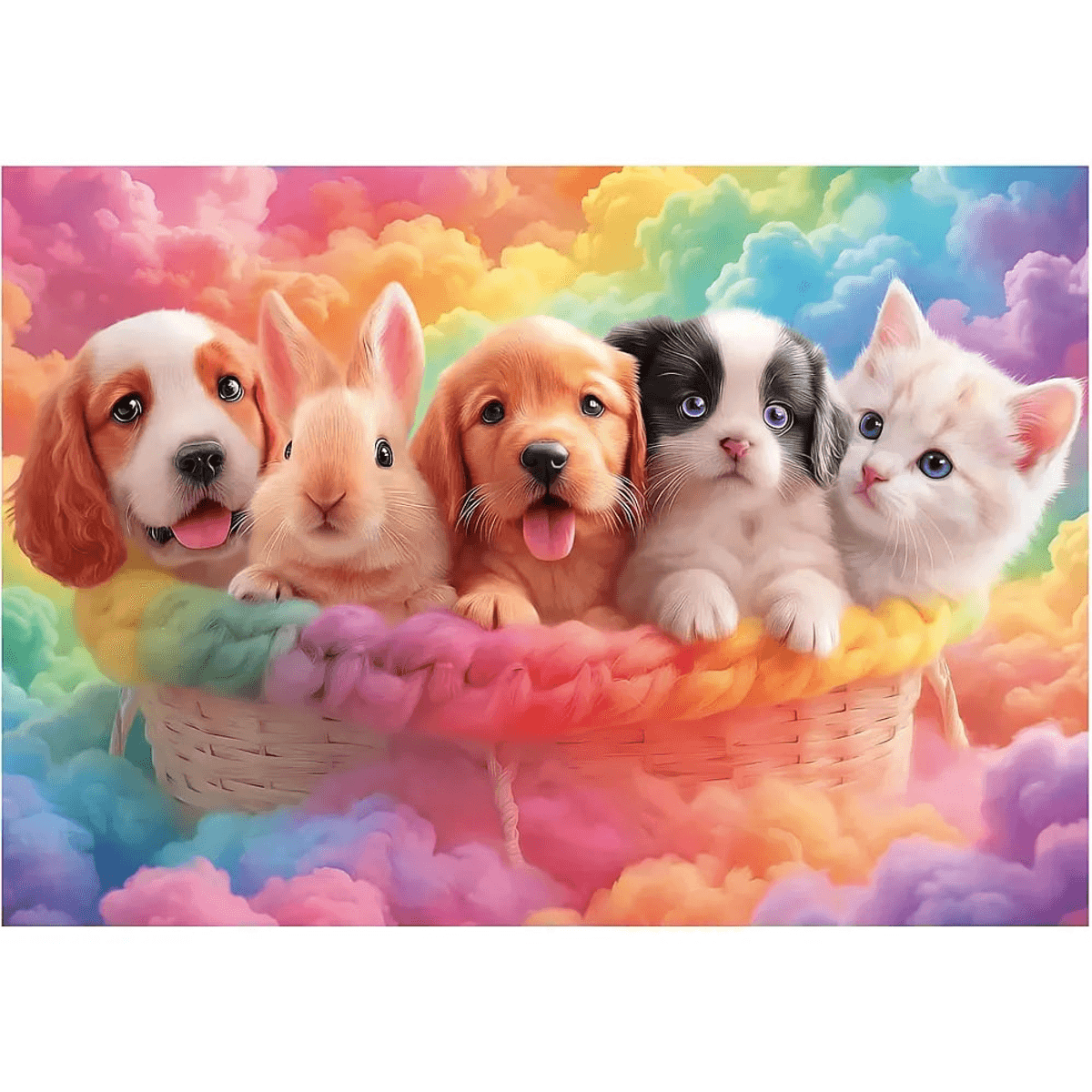 Varios animales lindos se sientan en una cesta colorida frente a nubes pastel.