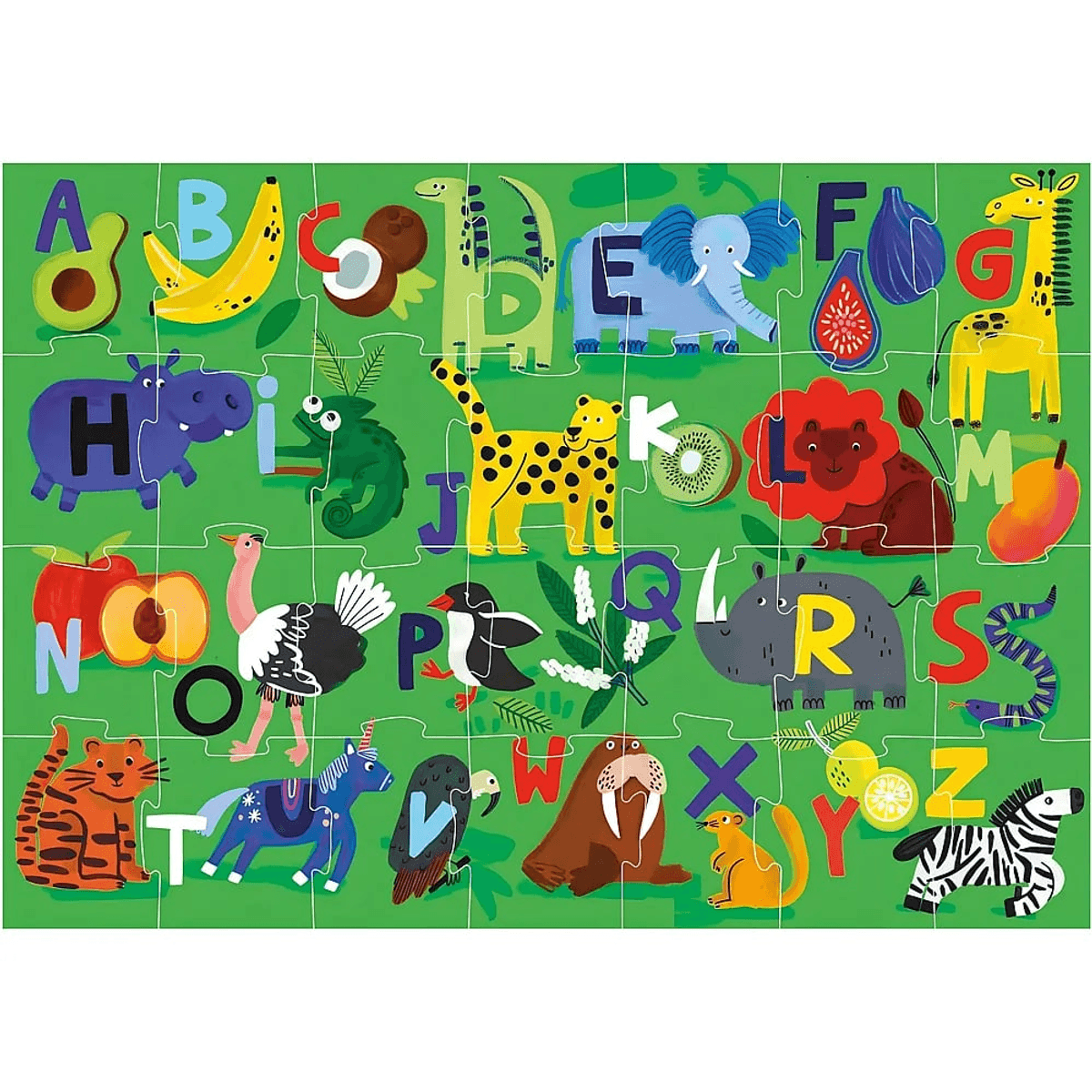 Colorido rompecabezas infantil con animales y letras del alfabeto sobre fondo verde.