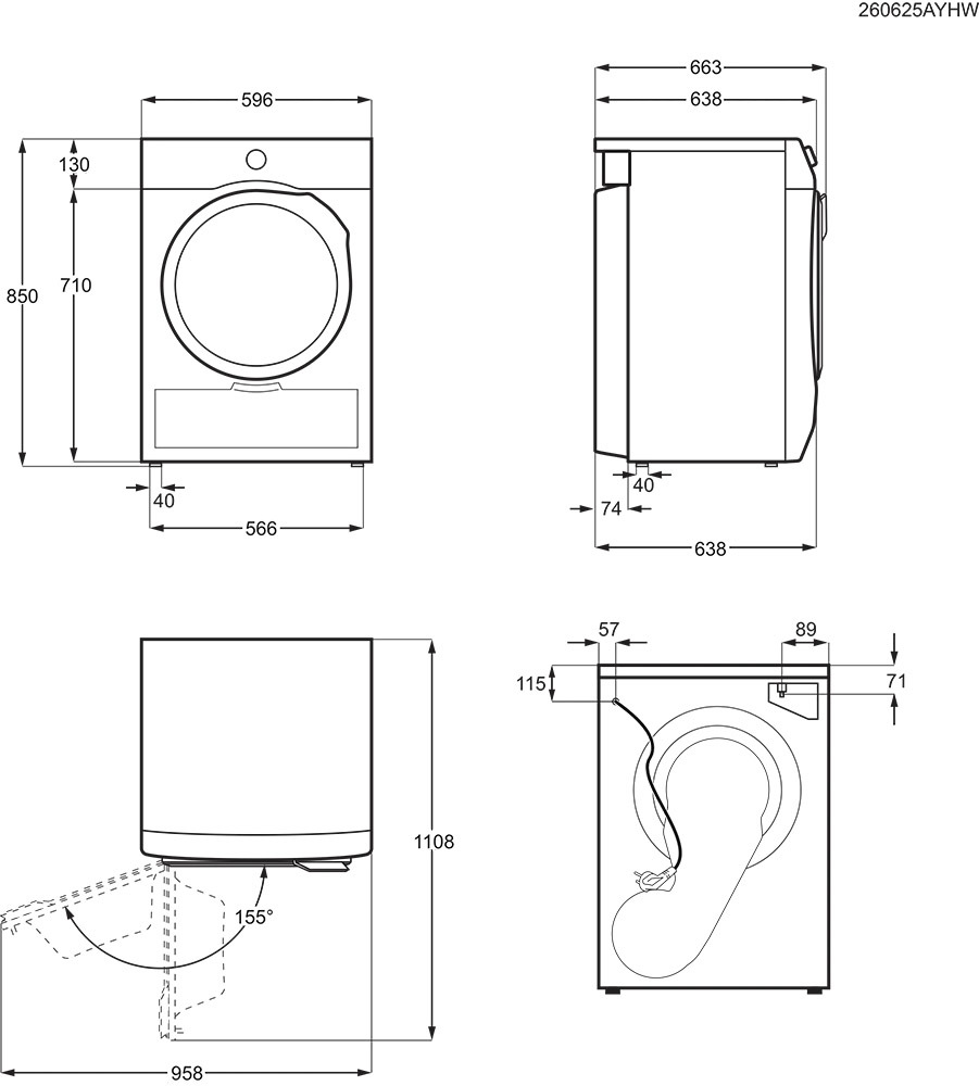 Disegno tecnico di una lavatrice con quote da tutti i lati.