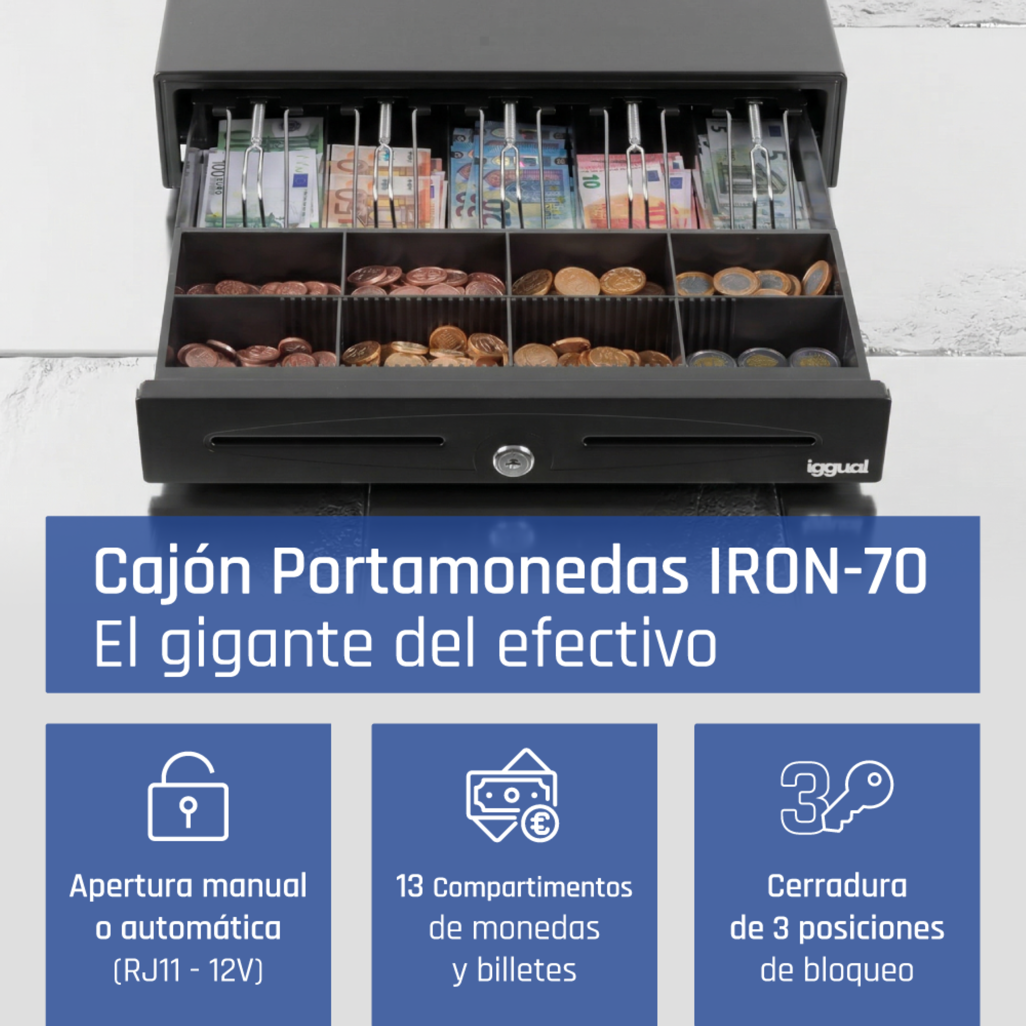 Cajón portamonedas negro abierto con billetes de euro y monedas, con iconos y texto debajo.