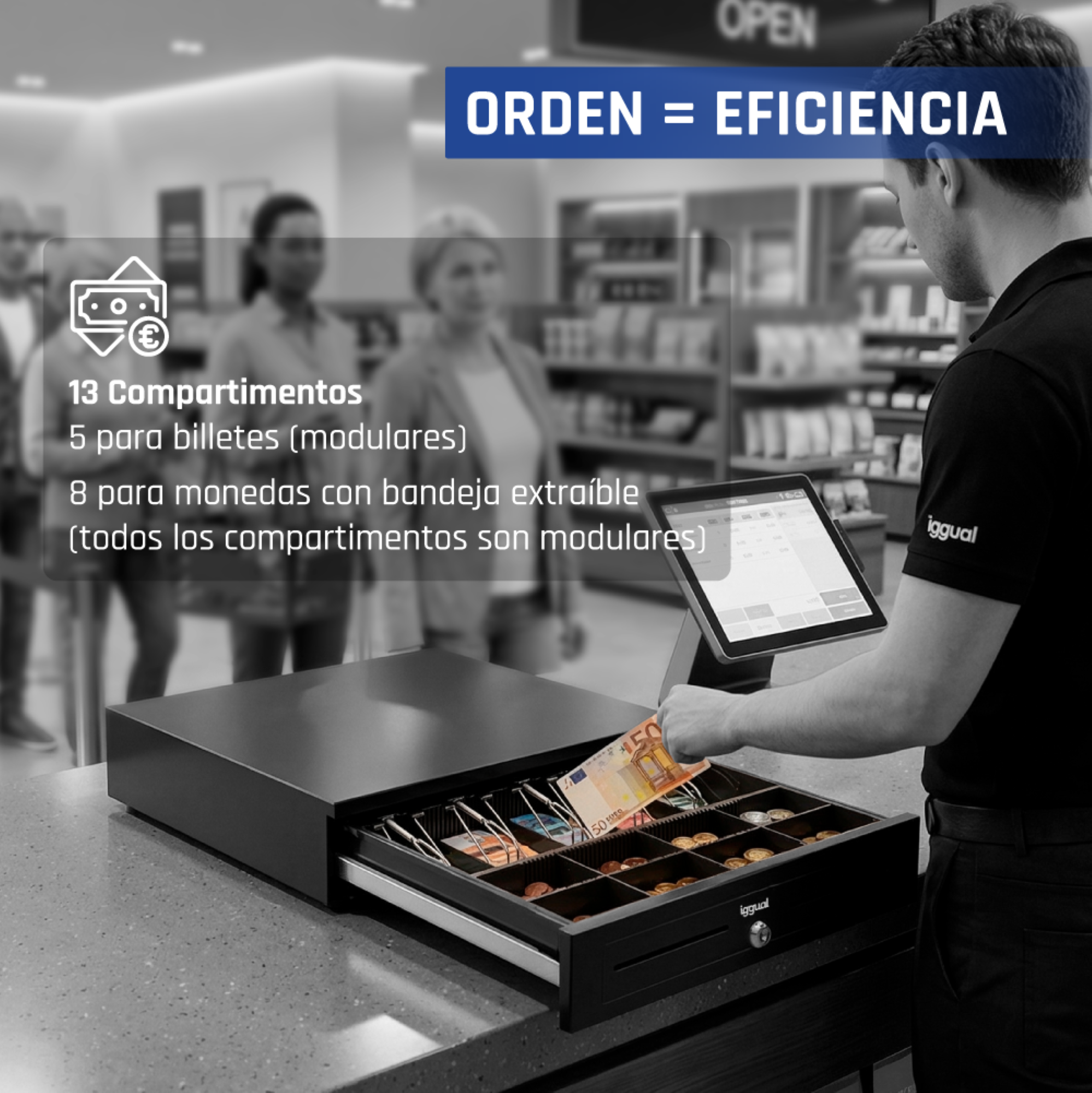 Cajero maneja efectivo en un cajón de dinero abierto, con texto superpuesto sobre compartimentos.