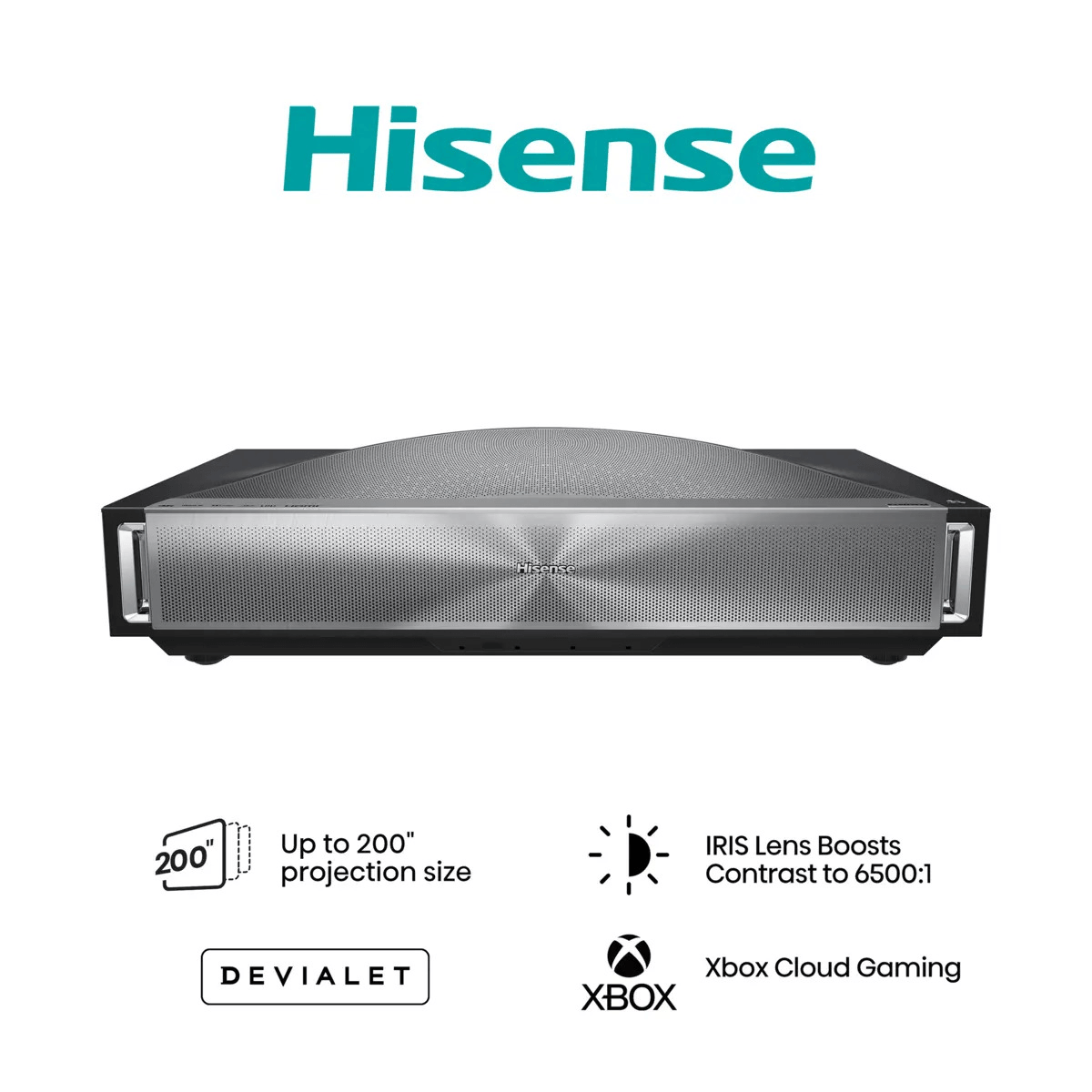 Proyector Hisense con rejilla frontal, logotipo arriba y cuatro iconos de características abajo sobre fondo blanco.