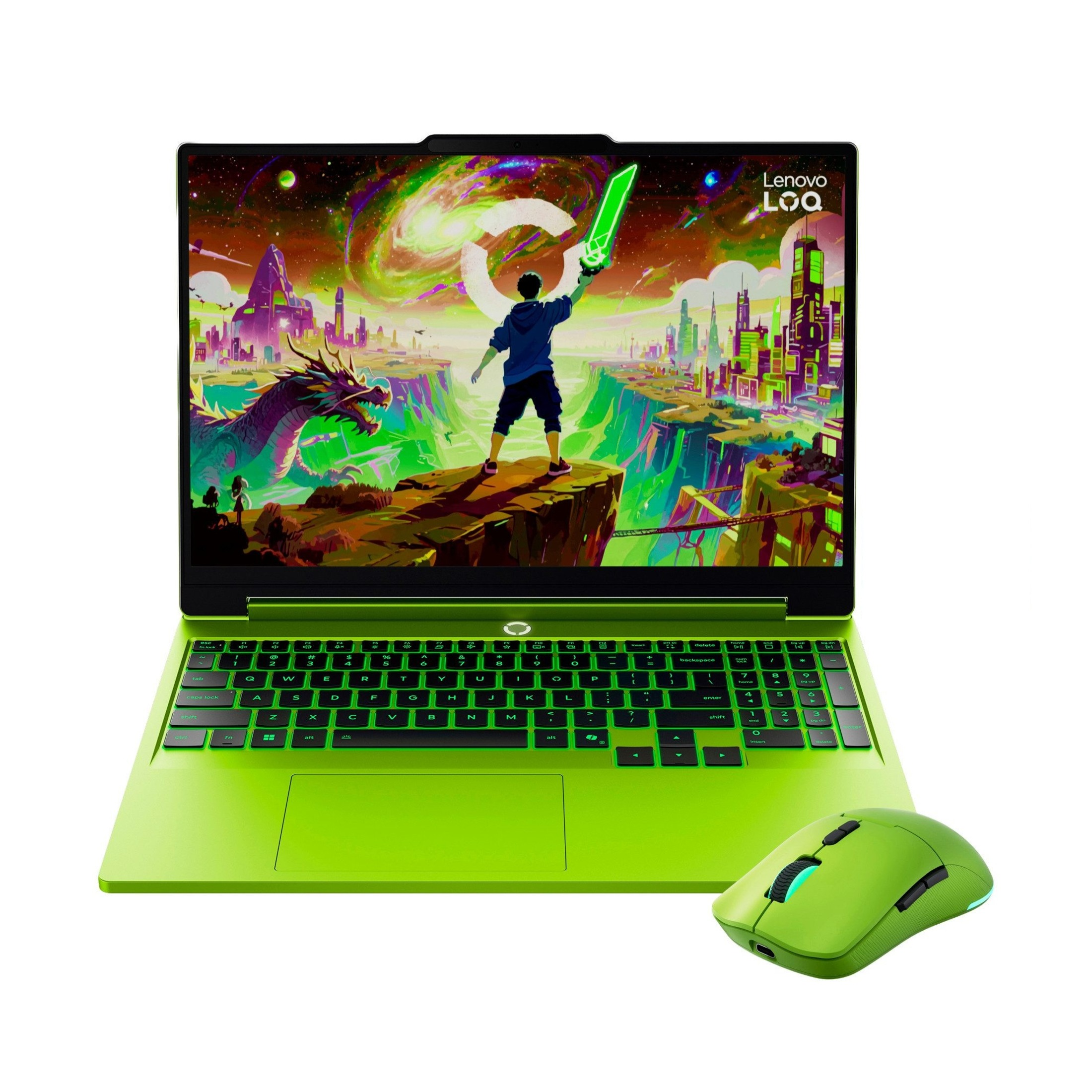Ein leuchtend grüner Lenovo LOQ Laptop mit Gaming-Wallpaper und passender grüner Maus vor weißem Hintergrund.