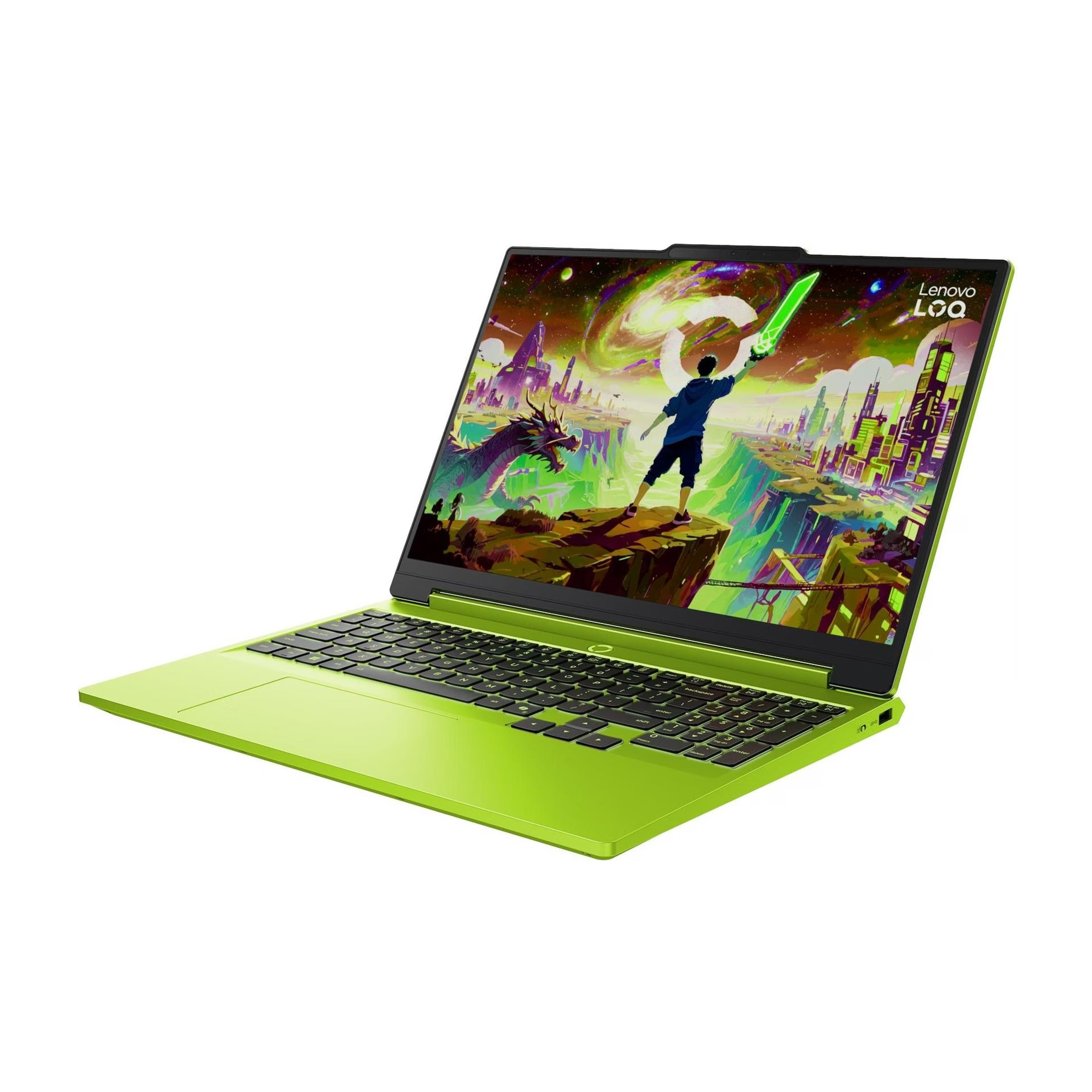 Ein leuchtend grüner Lenovo LOQ Laptop zeigt ein Fantasy-Hintergrundbild mit einer Figur und einem Drachen.