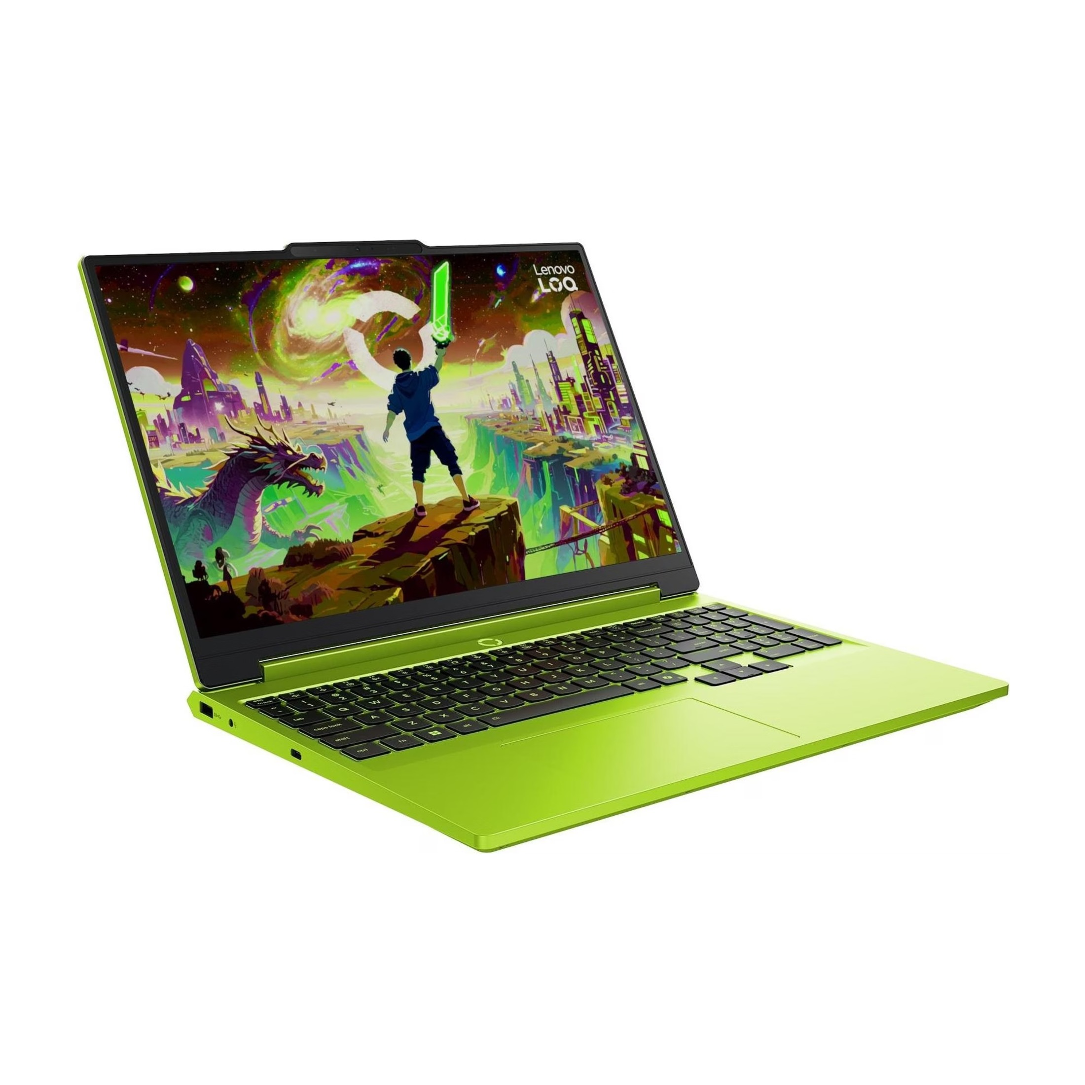 Ein hellgrüner Lenovo Laptop mit einem Fantasy-Hintergrundbild, das eine Figur mit einem leuchtenden Schwert zeigt.