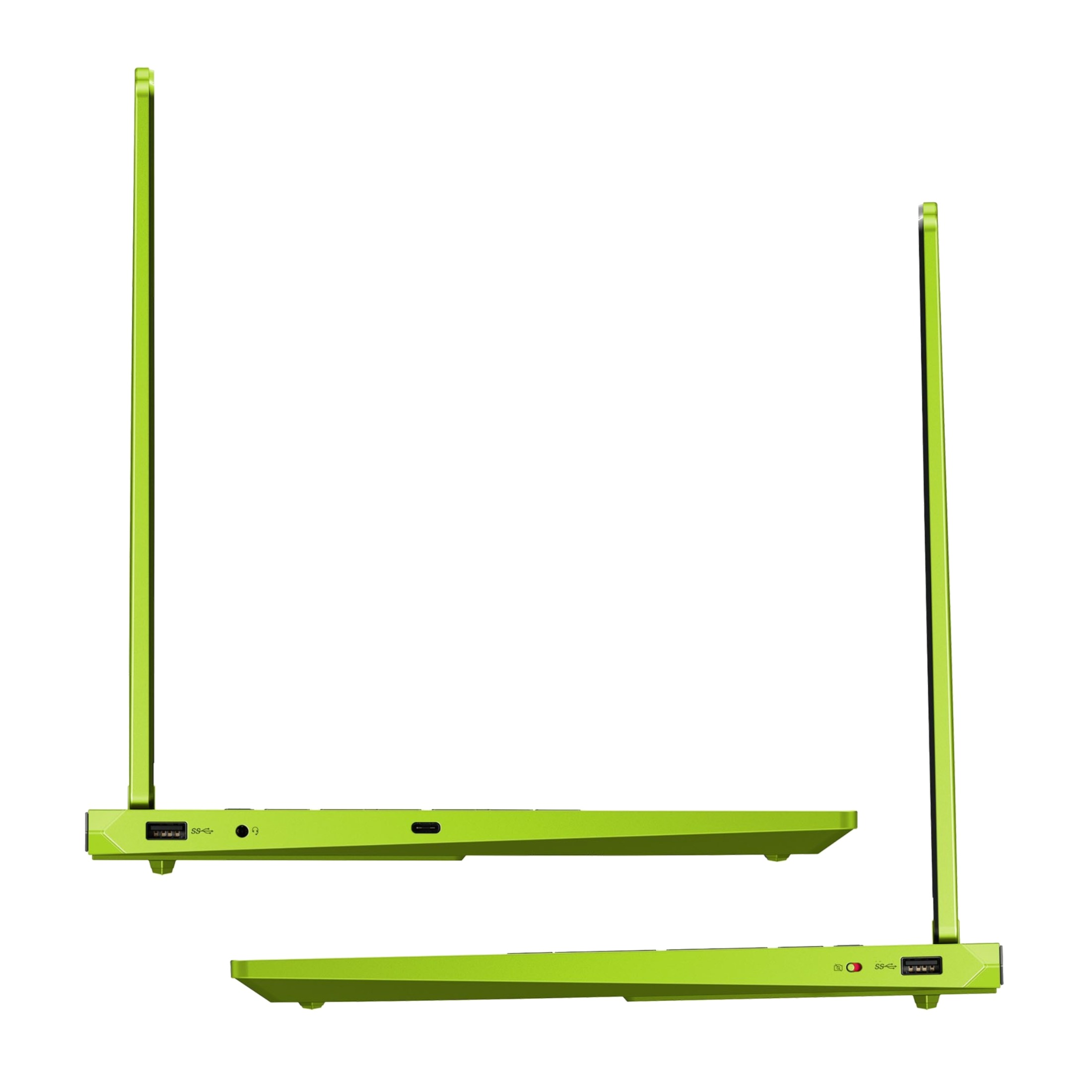 Seitenansicht eines hellgrünen Laptops mit sichtbaren USB- und Audio-Anschlüssen vor weißem Hintergrund.