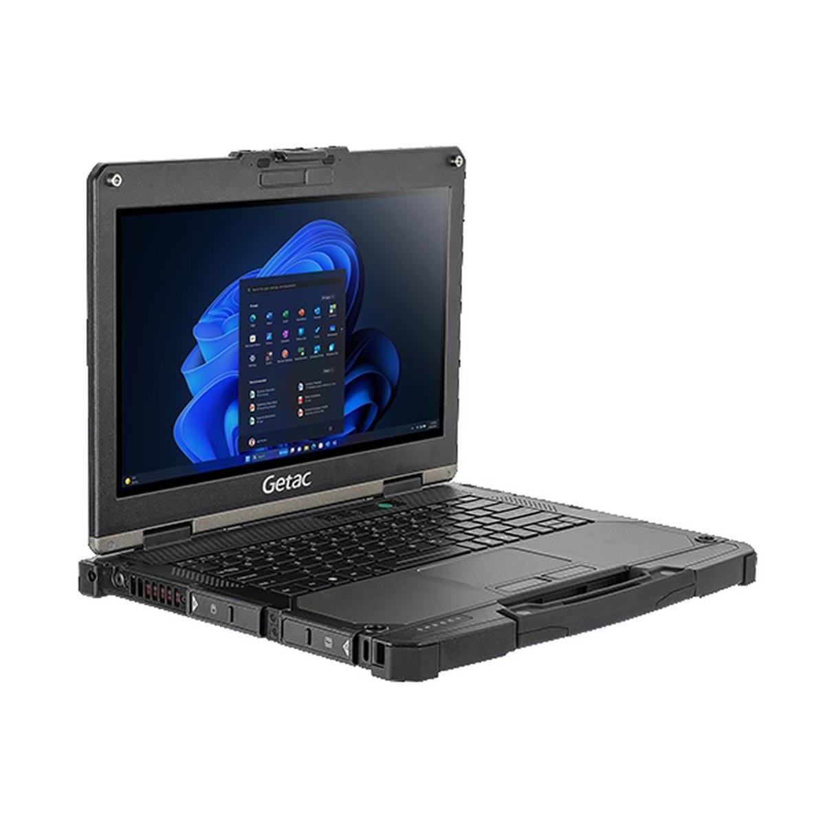 Ein robustes schwarzes Getac-Laptop mit blauem abstrakten Hintergrundbild auf dem Bildschirm vor weißem Hintergrund.