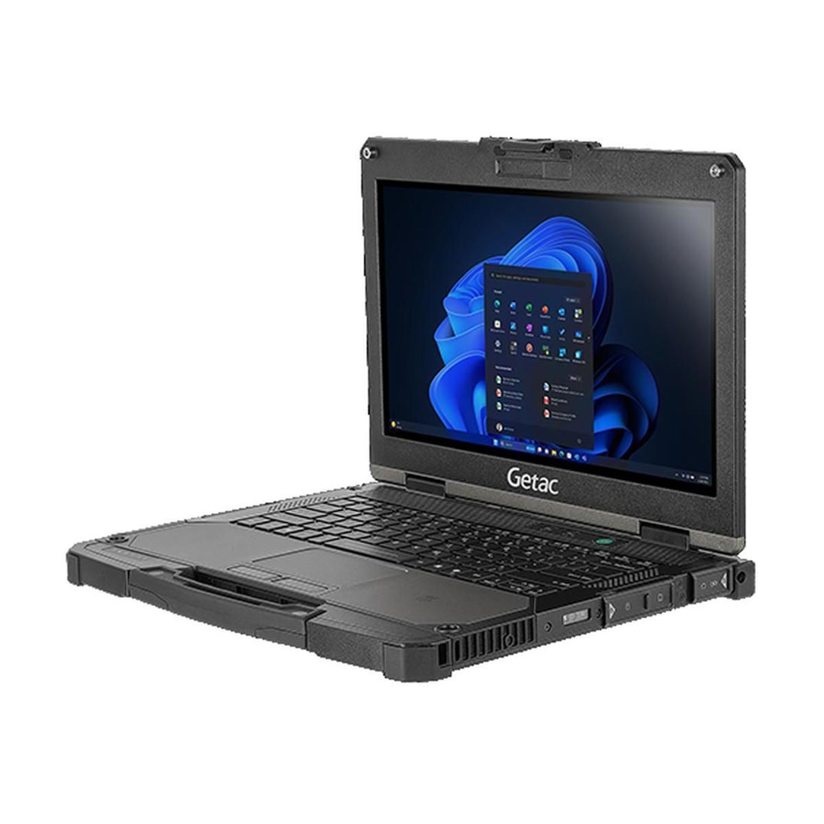 Ein robuster schwarzer Getac-Laptop mit aufgerichtetem Bildschirm und integriertem Griff am Gehäuse.