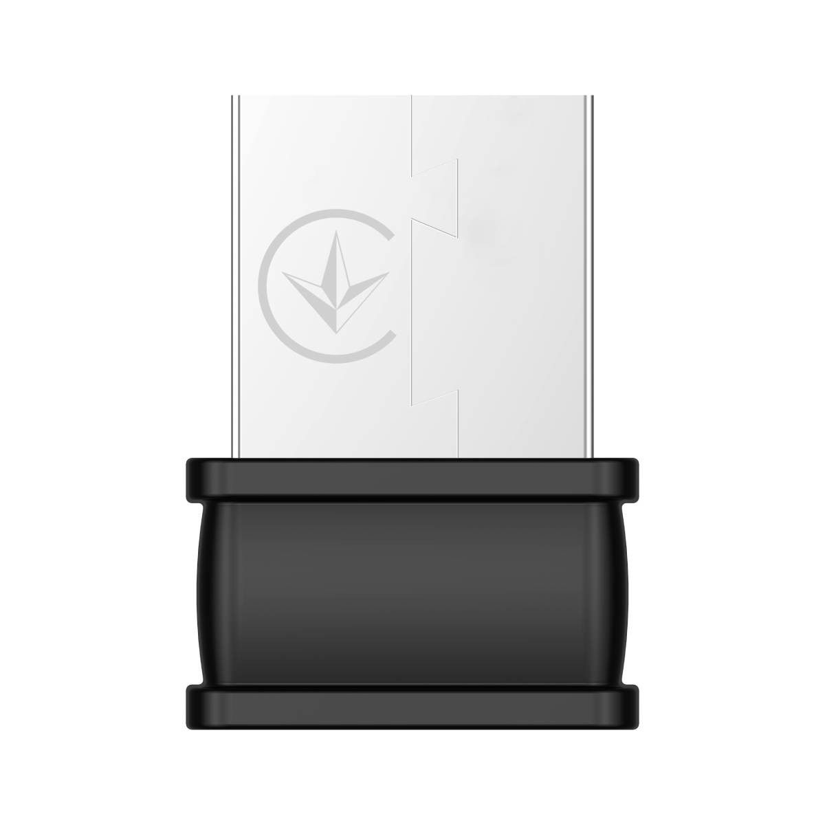 Ein weißer USB-Stecker mit einem Logo in einem grauen Kreis und einer schwarzen Basis.