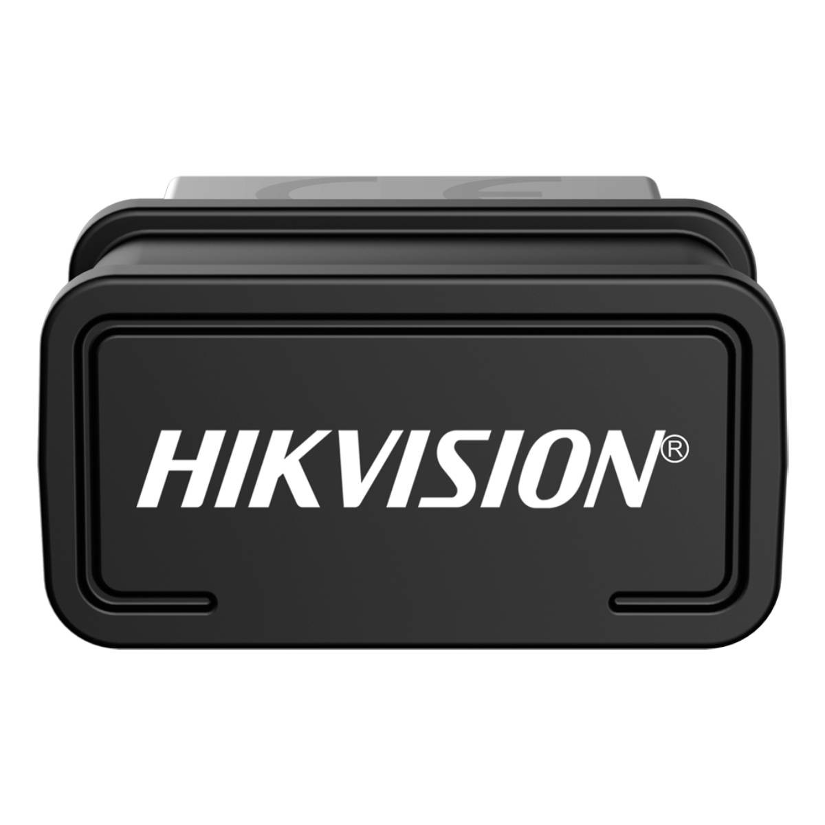 Ein schwarzes Hikvision-Gerät mit weißem Logo auf der Vorderseite vor weißem Hintergrund.
