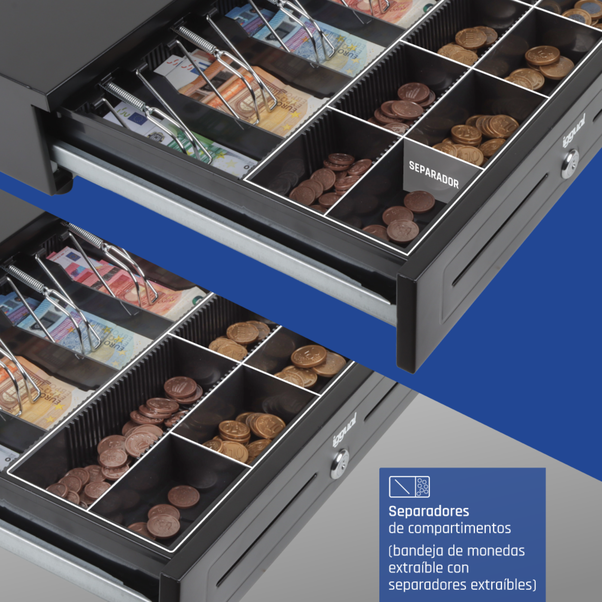 Un cajón portamonedas abierto lleno de billetes de euro y monedas en compartimentos.