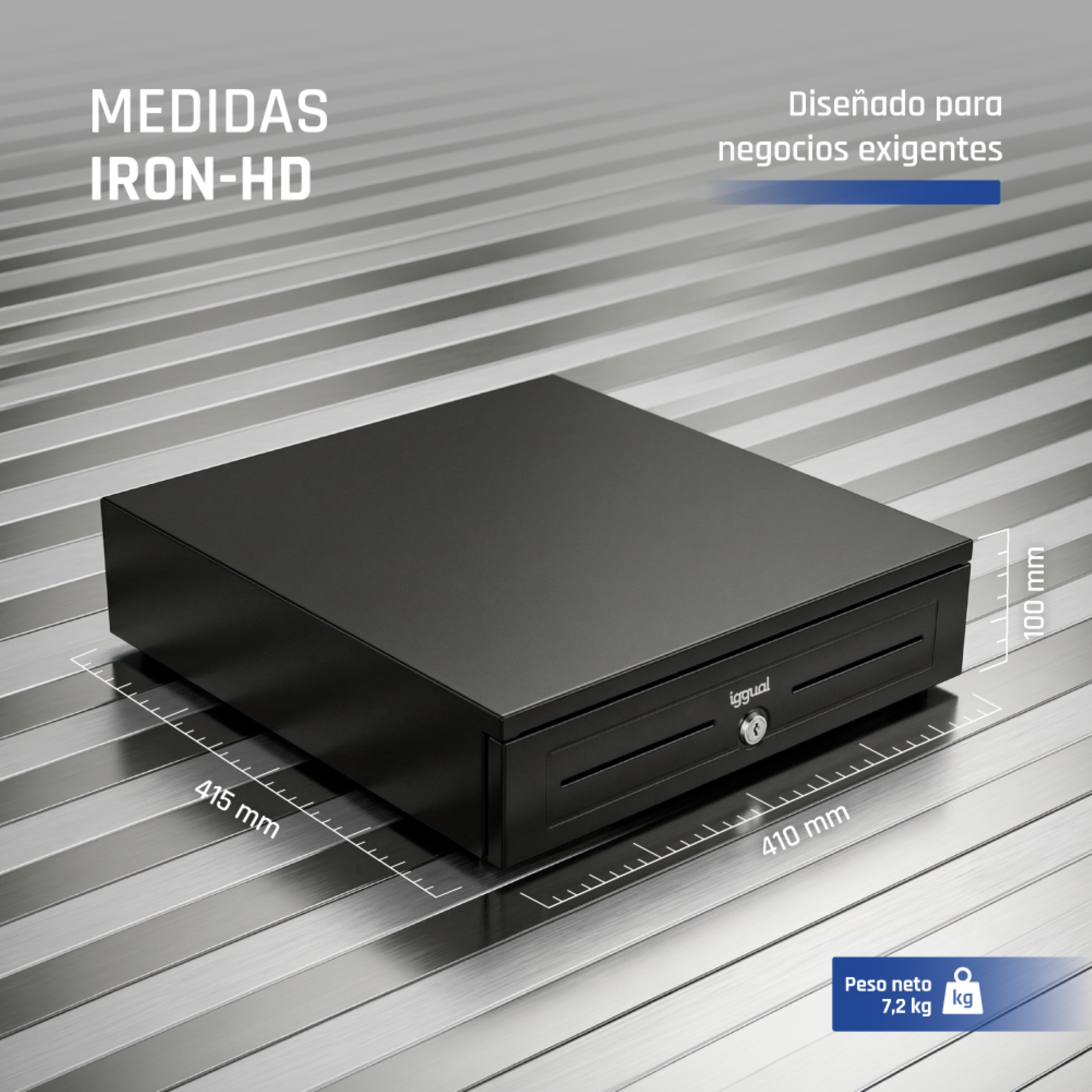 Cajón portamonedas negro iggual IRON-HD con medidas sobre fondo metálico.