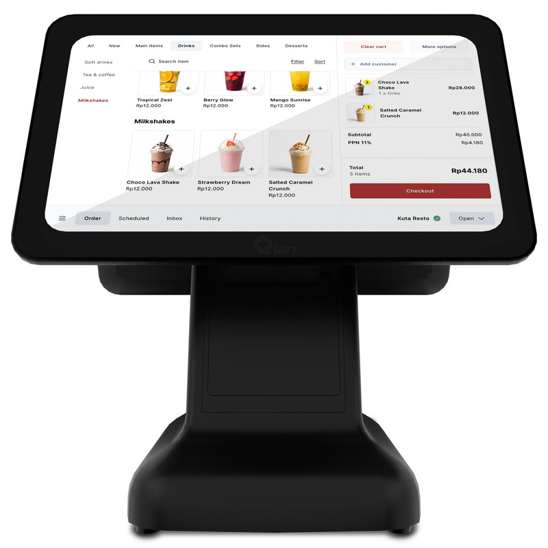 Un terminal POS negro muestra una pantalla táctil para pedir batidos y bebidas.
