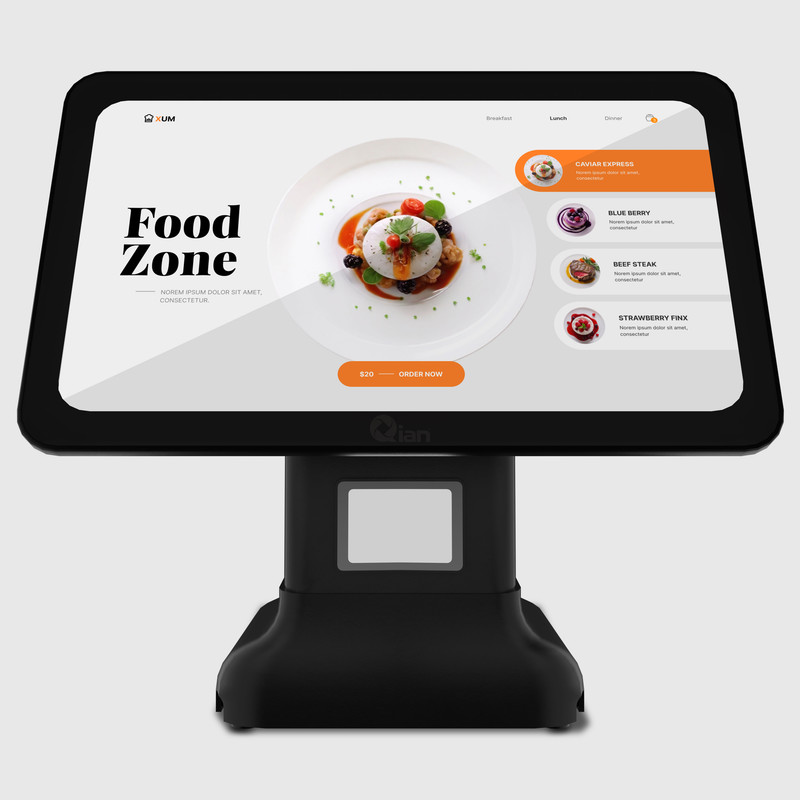 Un terminal TPV negro muestra un menú digital de restaurante en su pantalla con fotos de comida.